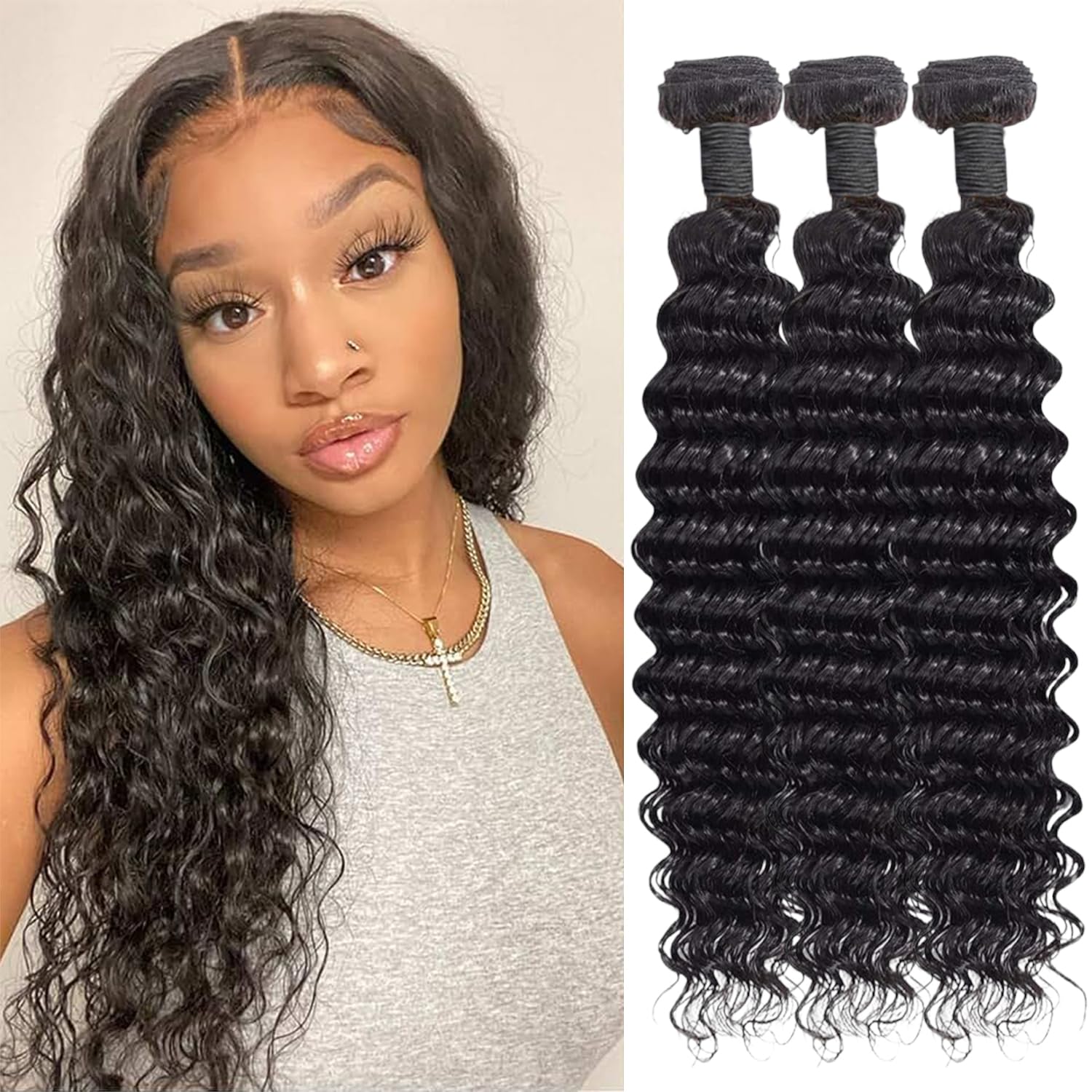 Human Hair Bundles Przedłużanie włosów ludzkich Hair Extensions Deep Wave Curly Unprocessed Brazilian Virgin Weave Bundles Human Hair Extensions for Women Natural Black 12 14 16 Inches 210g