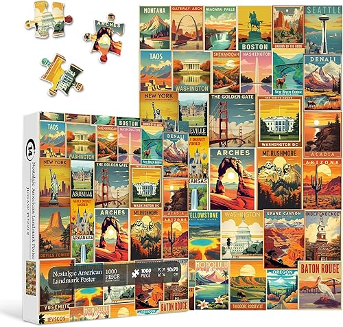 Miniatura 2 de Rompecabezas de viaje vintage de Estados Unidos para adultos, 1000 piezas, rompecabezas de collage de paisaje americano que incluye 35 carteles de