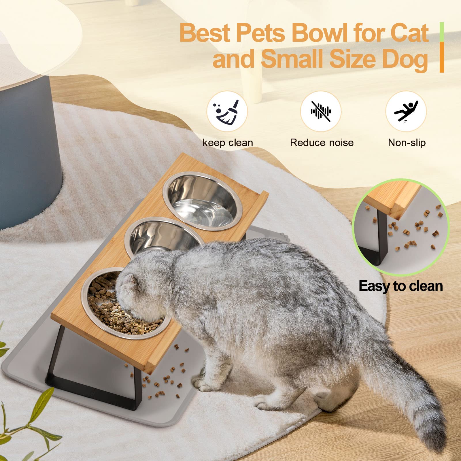 Ciotole Inclinate Per Gatti In Acciaio Inox - Set 3 Con Base In Legno E Tappetino Antiscivolo - Foto 8