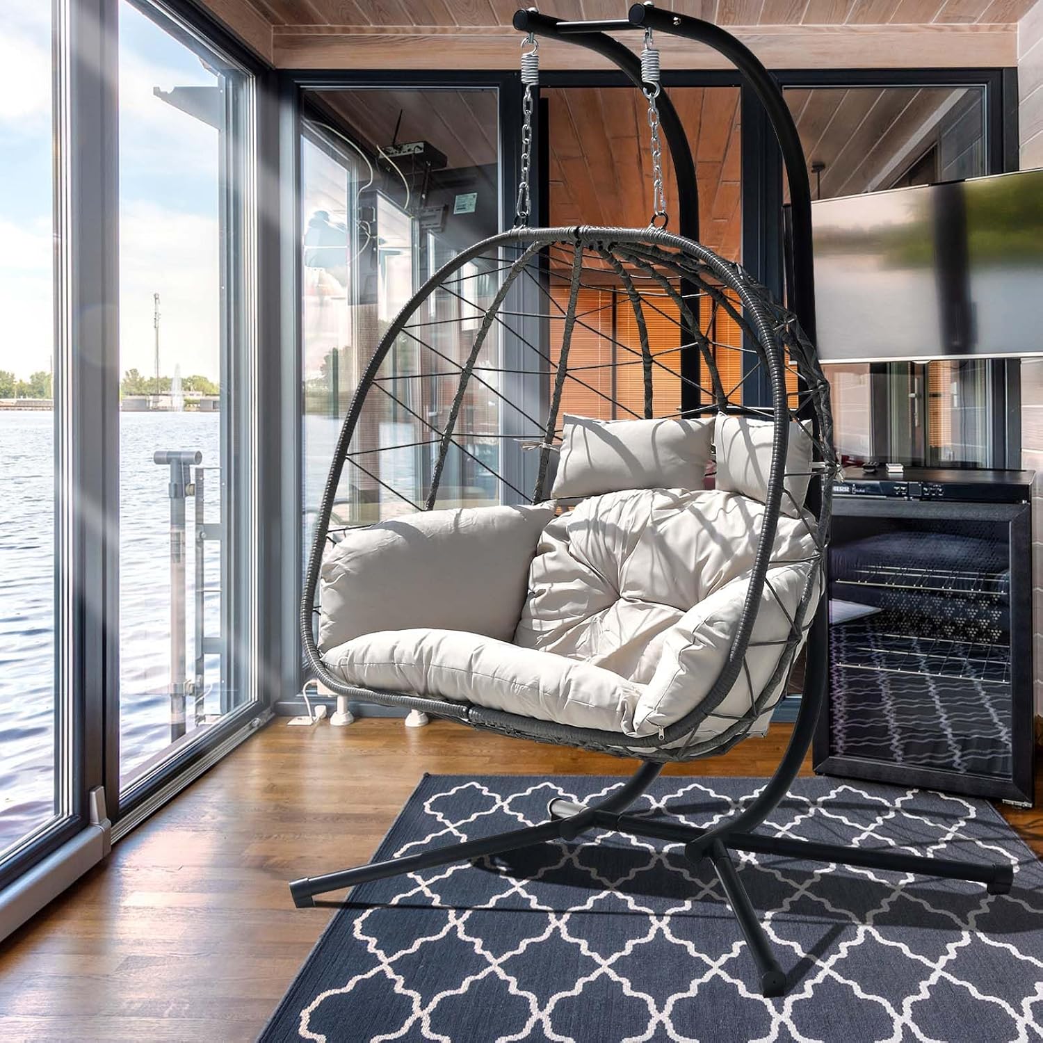 Hanging Egg Chair with Stand Indoor Swinging Chair Outdoor Hammock Egg Chair for Patio, Bedroom, Garden and Balcony (Gray, Large)