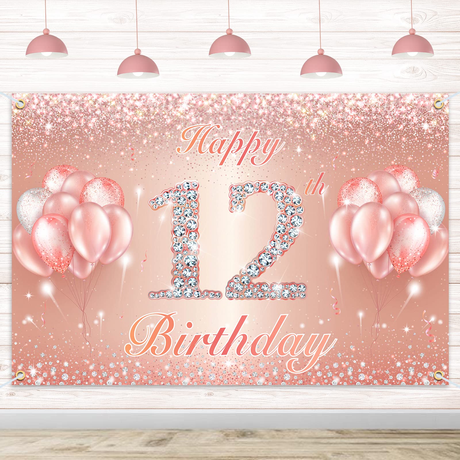 Happy 12th Birthday Banner Backdrop - 12 Birthday Party Decorations Supplies for Girls or Boys - Rose Gold 4 x 8ft