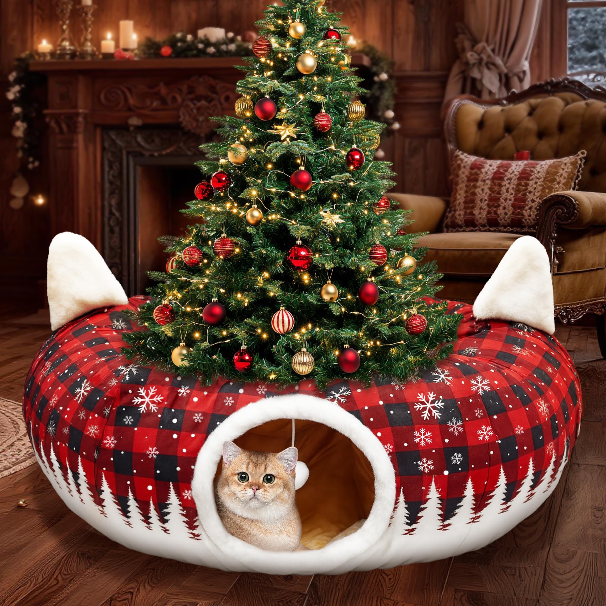 CORALMEE Christmas Cat Tunnel Bed with Tree Skirt, Foldable Plush Cat Bed with Hanging Ball, Buffalo Plaid Peekaboo Cat Cave Donut Tunnel Interactive Pet Toy for Indoor Cats Small Animals Xmas Gift