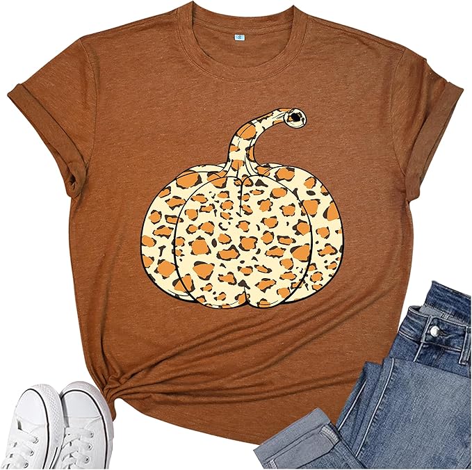 Thanksgiving Shirts for Women: Thankful Greatful Blessed Fall Pumpkin Short Sleeve Crew Neck T-Shirt