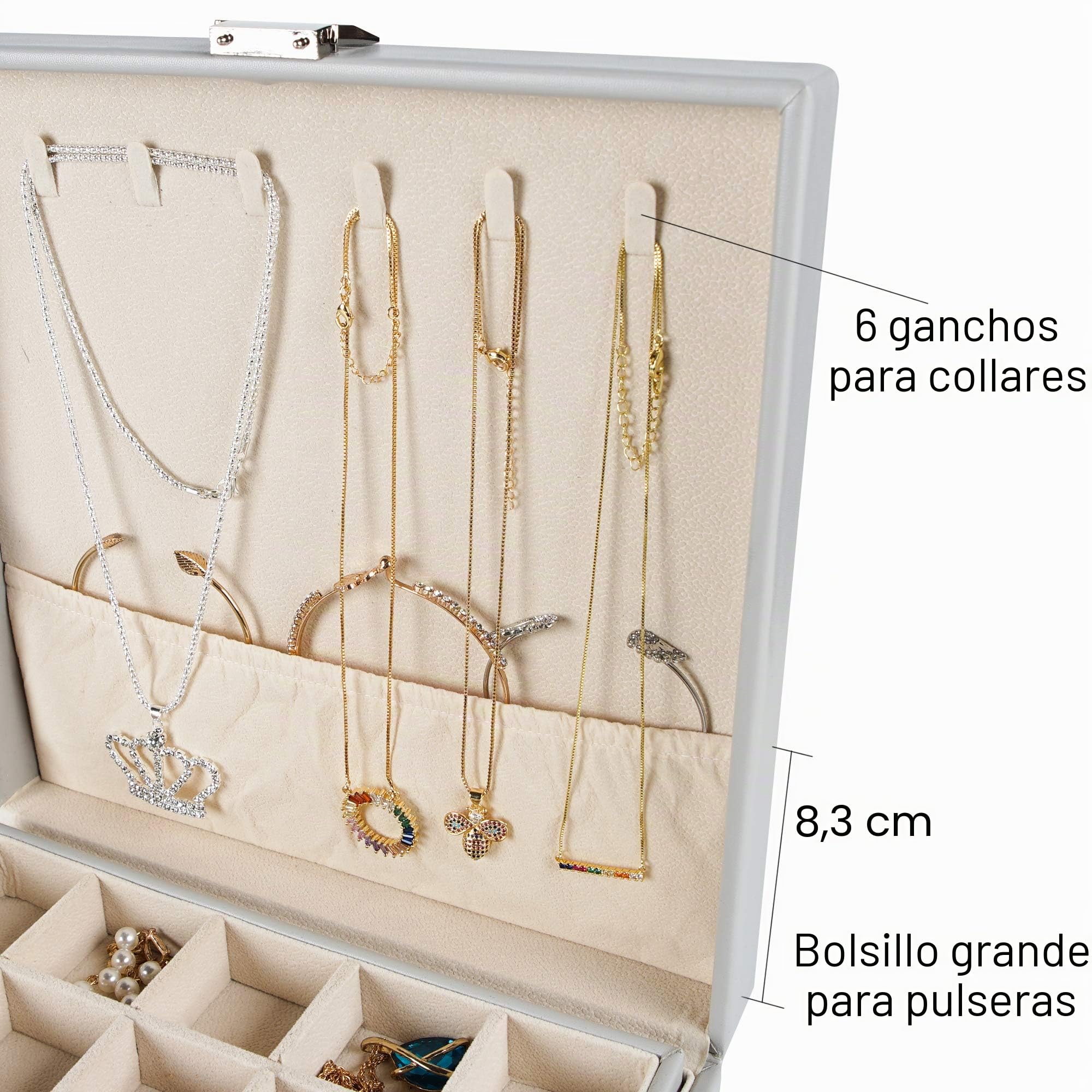 Frebeauty Organizador de pendientes, caja de joyería clásica con 50 ranuras de doble capa con 6 ganchos para collares y bolsillo para pulsera (gris)