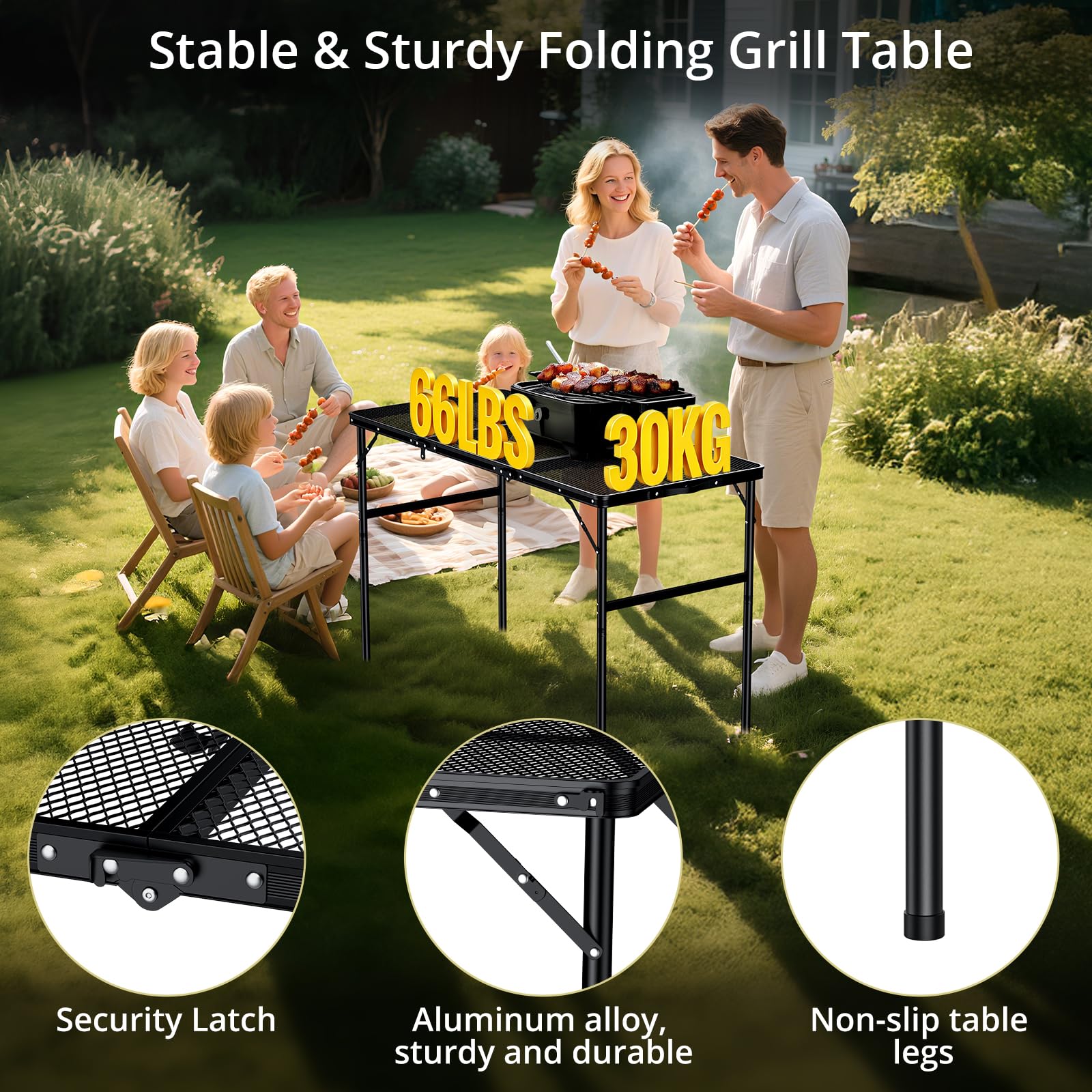 Anbte Mesa Camping Plegable 120x55x37.5/74.7cm Mesa de Parrilla 2 Alturas Ajustables