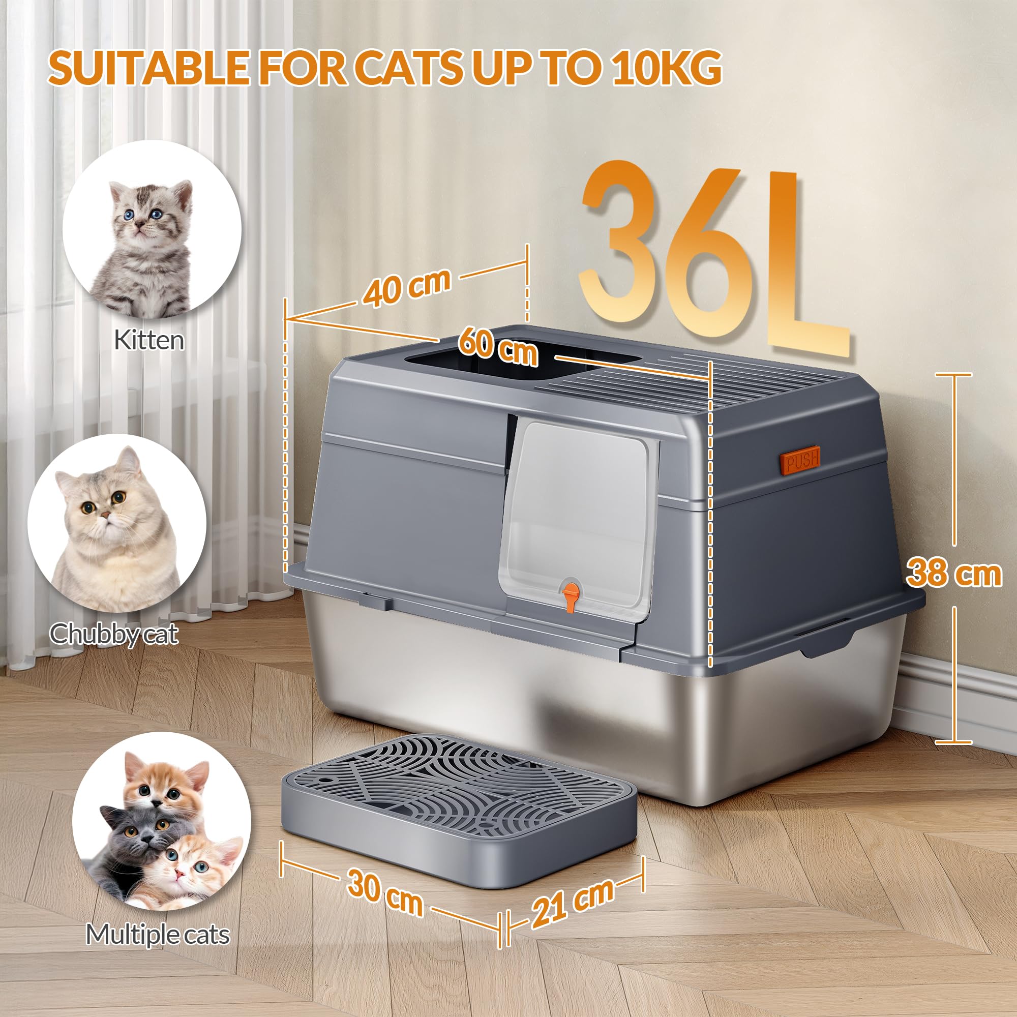 Bandeja De Arena para Gatos De Acero Inoxidable con Tapa, Arenero Metálico XXL, Bandeja De Arena Cerrada Extraíble con Doble Entrada, Pedal Y Pala, Control De Olores 60x40x38cm Dark Grey Large