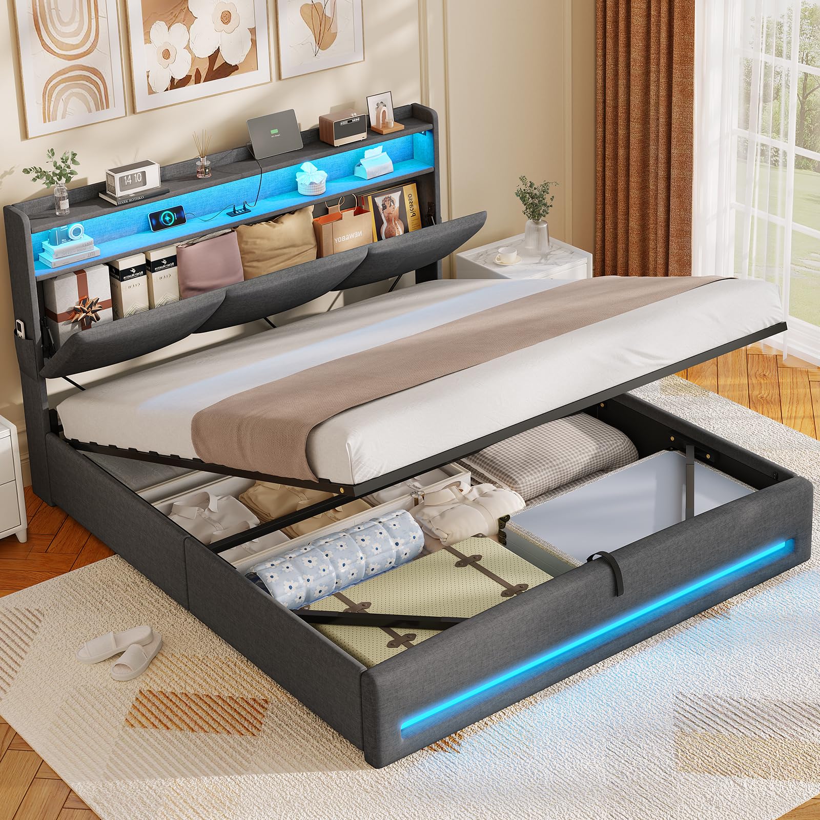 AOGLLATI 140x190cm Storage Bed with LED and USB Ports, Dark Grey