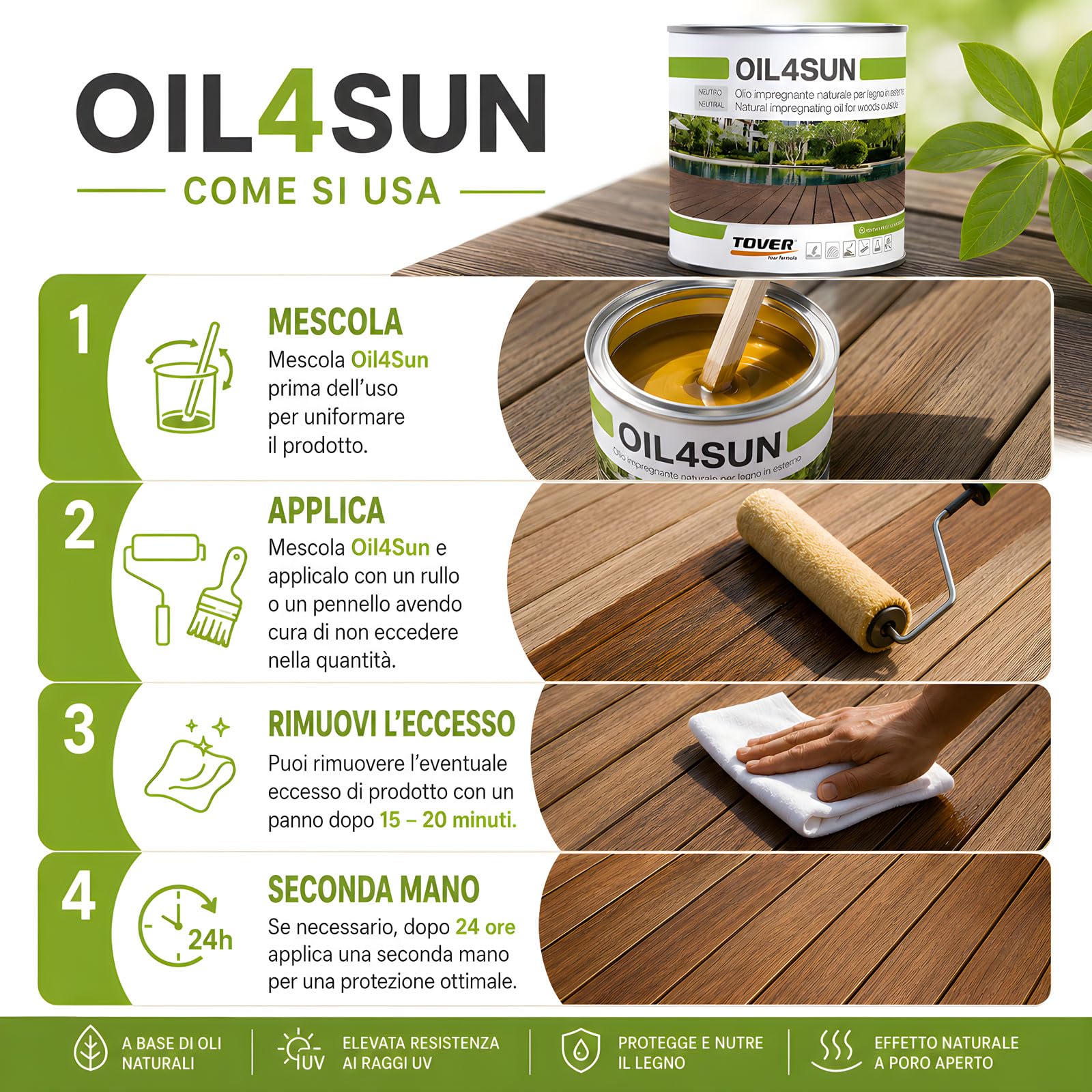 TOVER Oil4Sun Olio Impregnante per Legno Esterno e Decking - Protettivo per Bordi Piscina e Teak - Resiste ai Raggi UV e Intemperie - Effetto Naturale Idrorepellente - Kit 2x1 Litro