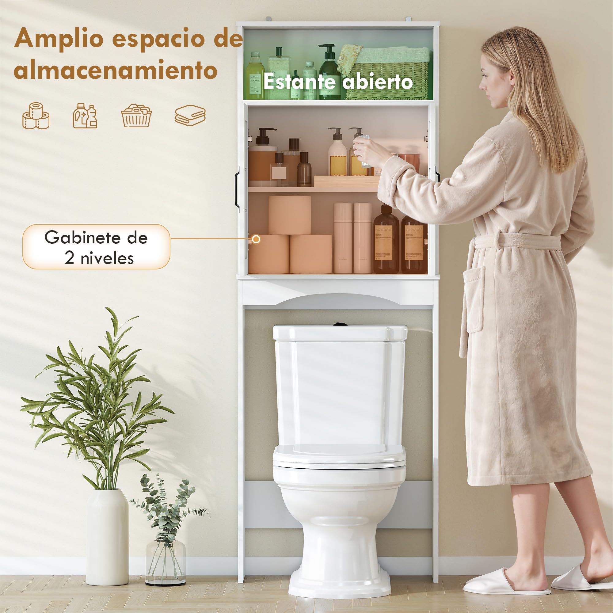 HOMCOM Mueble sobre Inodoro, Armario sobre Inodoro, Mueble de Baño con 2 Puertas de Cierre Silencioso, Estante Abierto para Lavanderías, Espacios Pequeños, 64x21x173,5 cm, Blanco