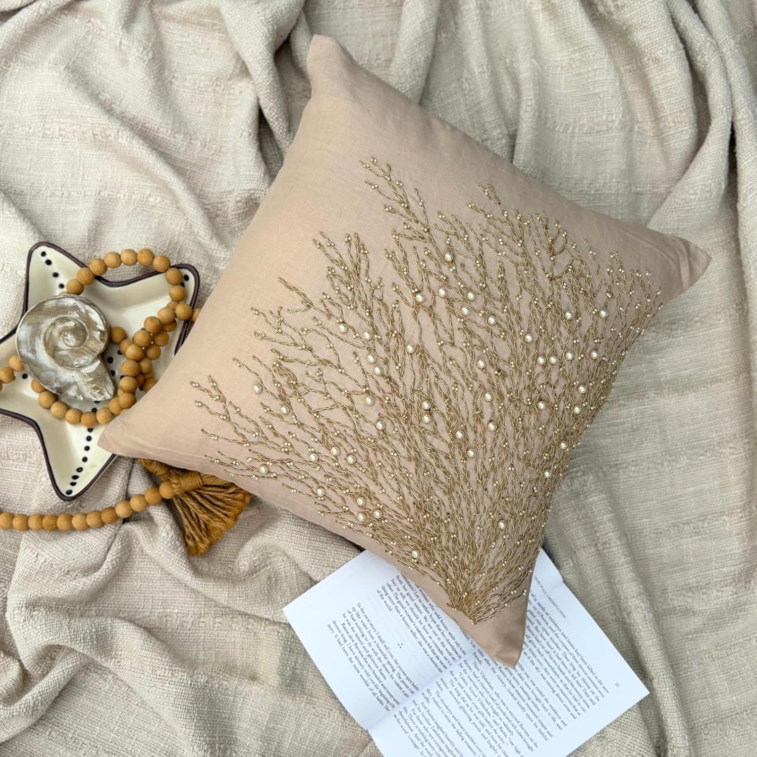 The HomeCentric Cushion Cover, Beige Pillow Cover, Jute Tree Branch Pillow Cover, 14x14 inch (35x35 cm) Throw Pillow Cover, Square Cotton Linen Pillowcase, Floral, Beach, Sea Easter - Jute Drought