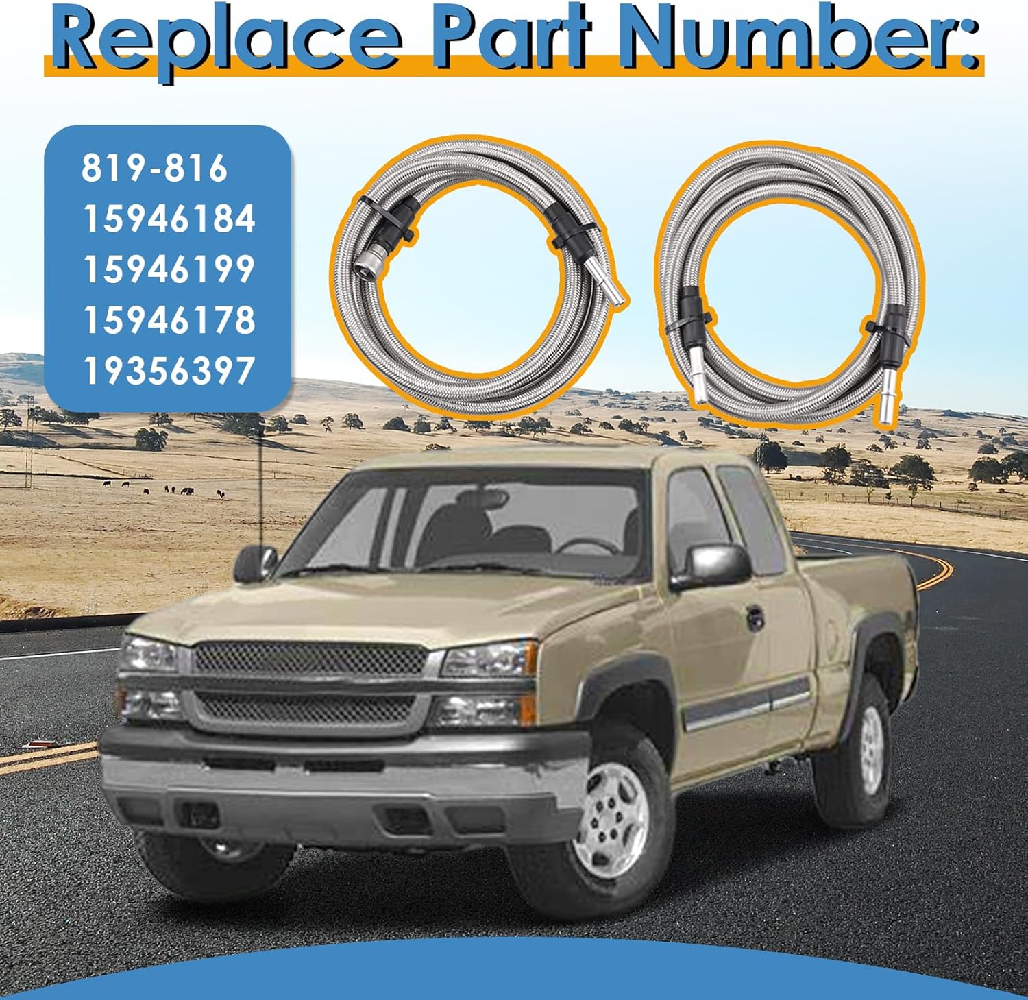 819-816 Stainless Steel Braided Fuel Lines Kit, Compatible with Silverado Sierra 1500 2500 3500 HD 2004-2010, Replace# 15946184 15946199 15946178 19356397