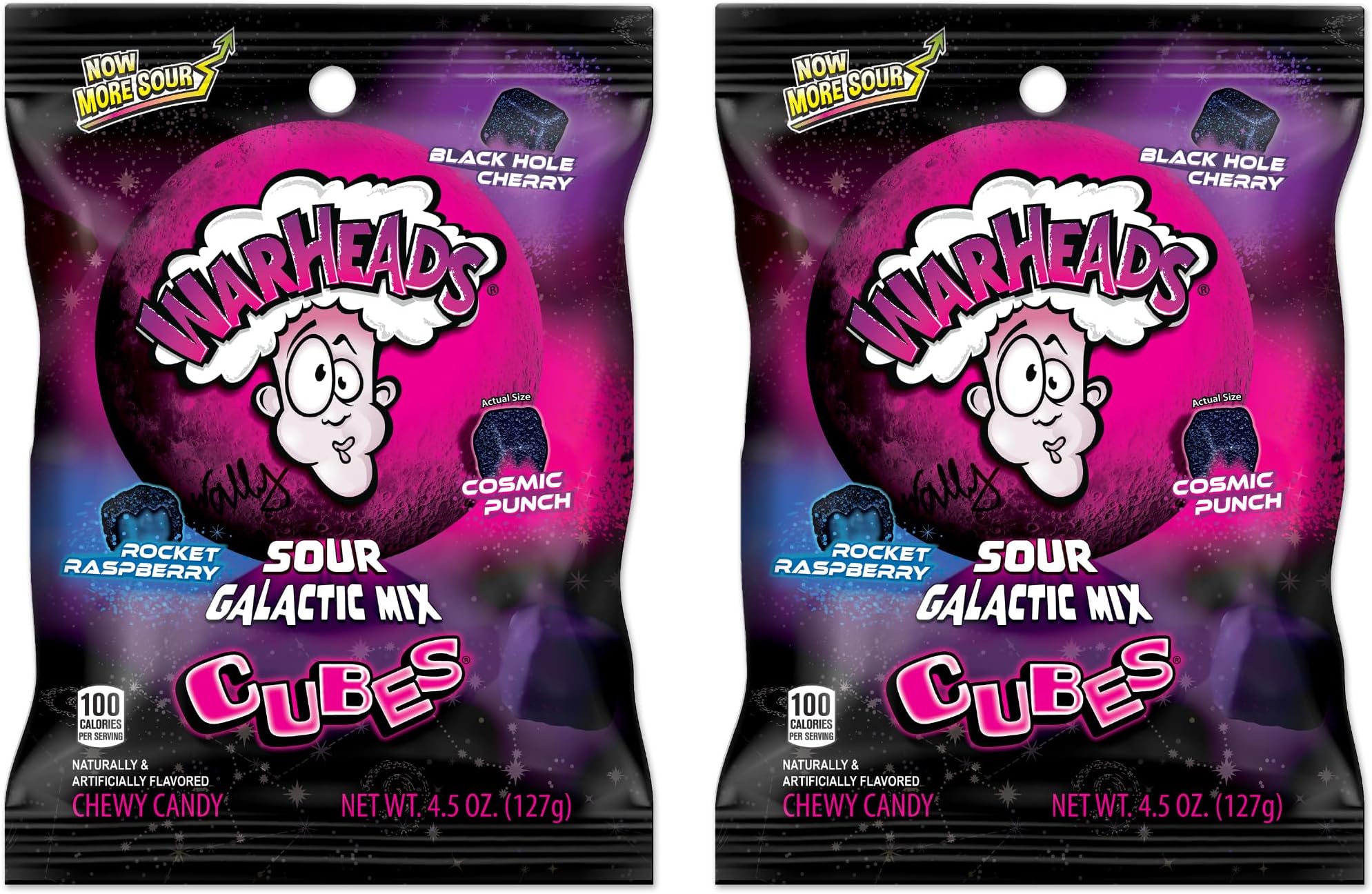 WARHEADS Galactic Mix Cubes - Sour Sweet & Fruity Chewy Candy - Black Hole Cherry, Rocket Raspberry & Cosmic Punch Flavors - 4.5 oz. Bags - 2 Pack