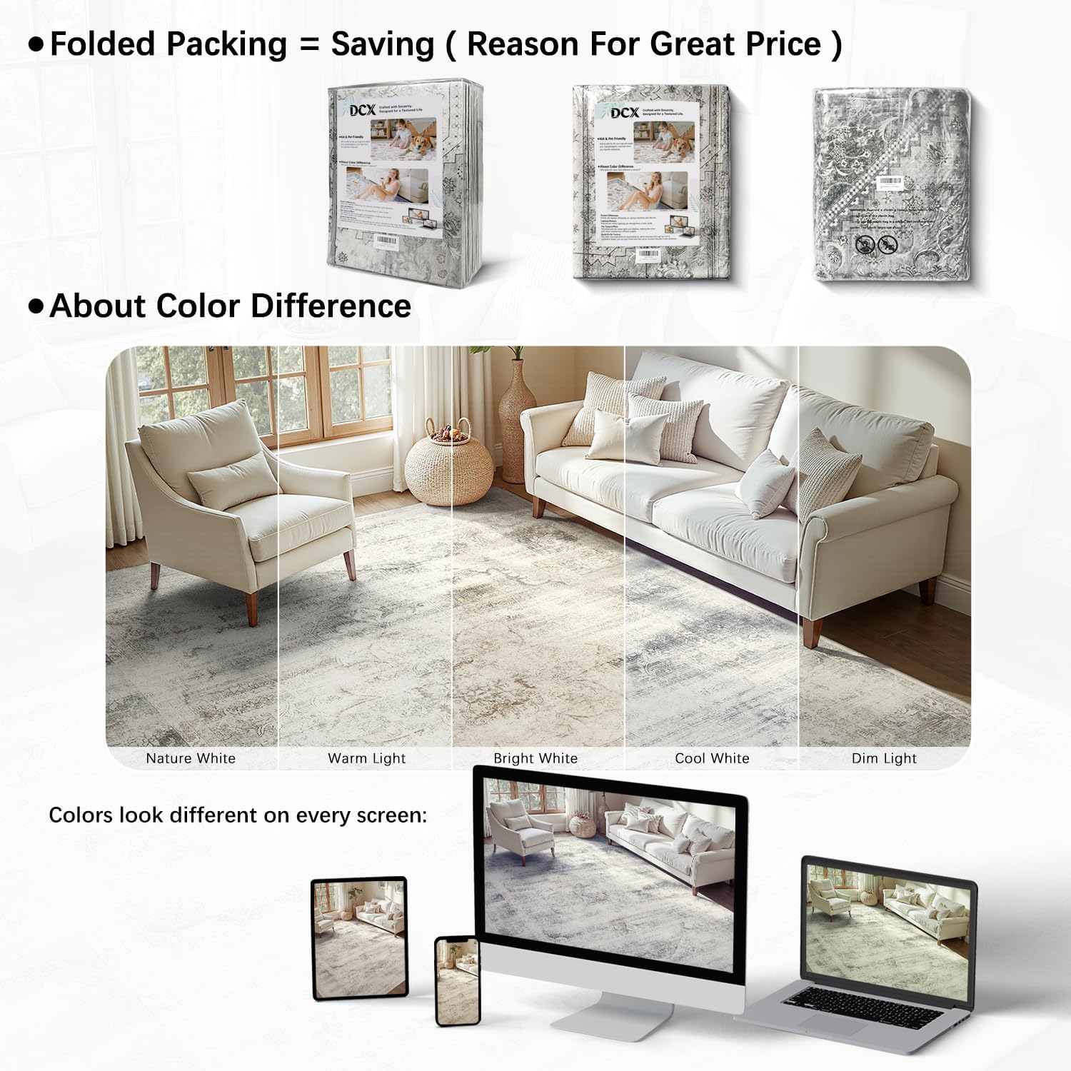 DCX 4x6 Beige Rug, Machine Washable Stain Resistant Distressed Vintage Rug, Kid & Pet Friendly with Rubber Back Non Slip Soft Low Pile Large Carpet for Living Room, Bedroom, Home Office