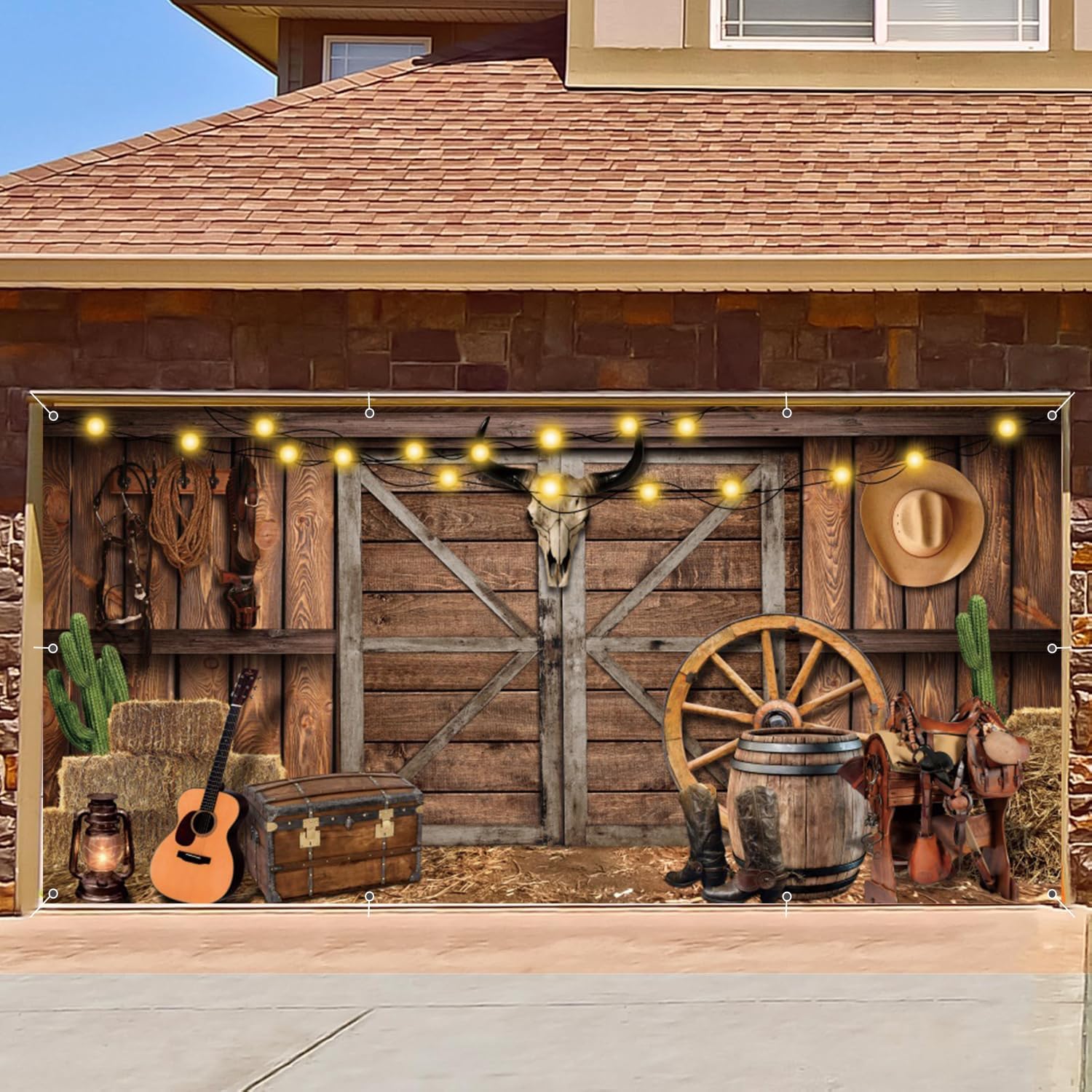 Large Western Cowboy Garage Door Banner Decorations Backdrop 7x16ft Haystack Barn Door Cactus Cowboy Hat Garage Door Banner Western Themed Baby Shower Wild West Birthday Garage Door Cover Decorations