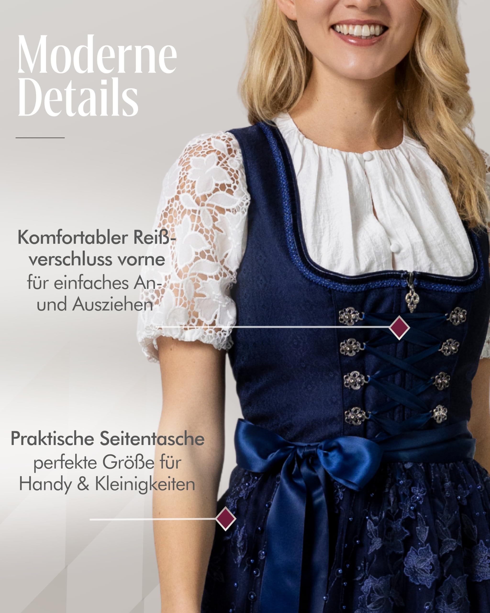 Nübler Damen Dirndl Gloria I Größen 30-48 I Midi-Dirndl mit Rocklänge 60 cm & passender Schürze I Festliches Trachtenkleid mit modernem Schnitt & dezenten Details I Ideal für Trachten & Festlichkeiten