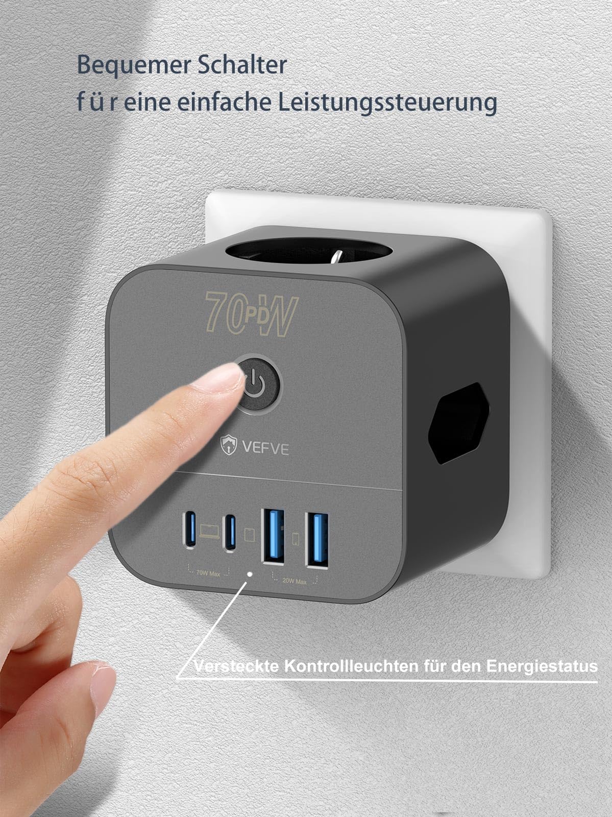 VEFVE Steckdosenwürfel ohne Kabel mit 70W USB C Ladegerät Mehrfachsteckdose | Kabelloser 7 in 1 Mehrfachstecker mit 70W Power Delivery. Bietet 3 Steckdosen und 4 USB Ports. Schalter, Kindersicherung