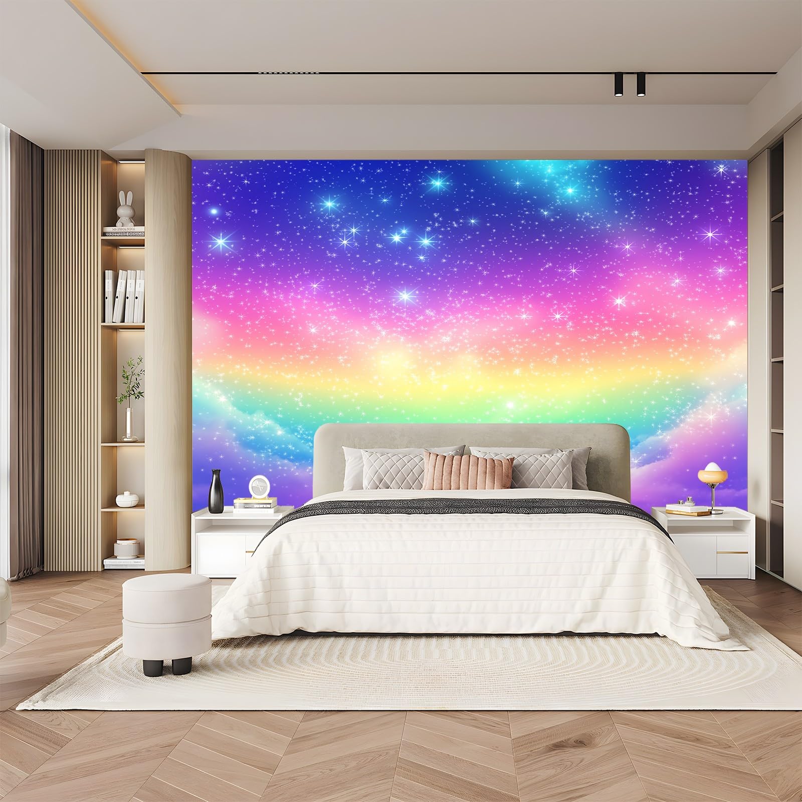 Panoramiczne gwiaździste niebo gradient gwiazdy niebieski różowy 200 x 140 cm (szer. x wys.), panoramiczna gigantyczna tapeta 3D salon sypialnia jadalnia pokój dziecięcy dekoracje ścienne z włókniny