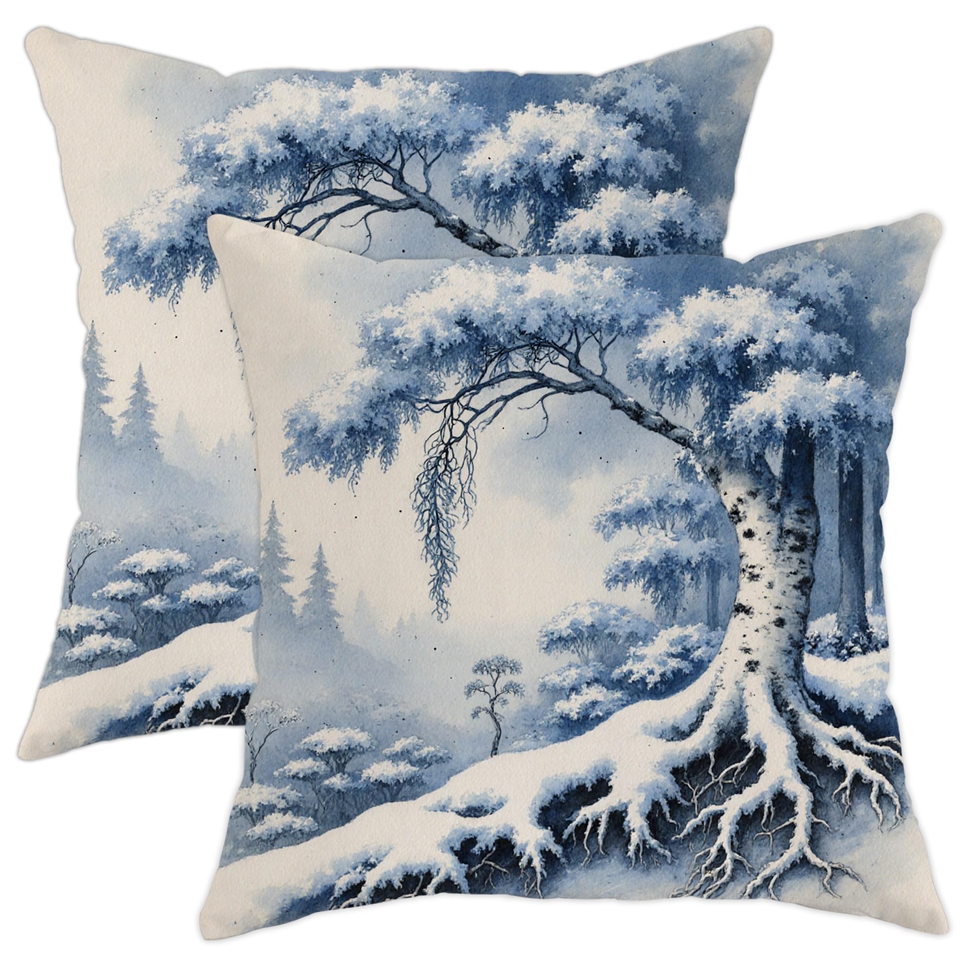 Housse de coussin bleu grand format 71x71 cm motif arbre et forêt d'hiver