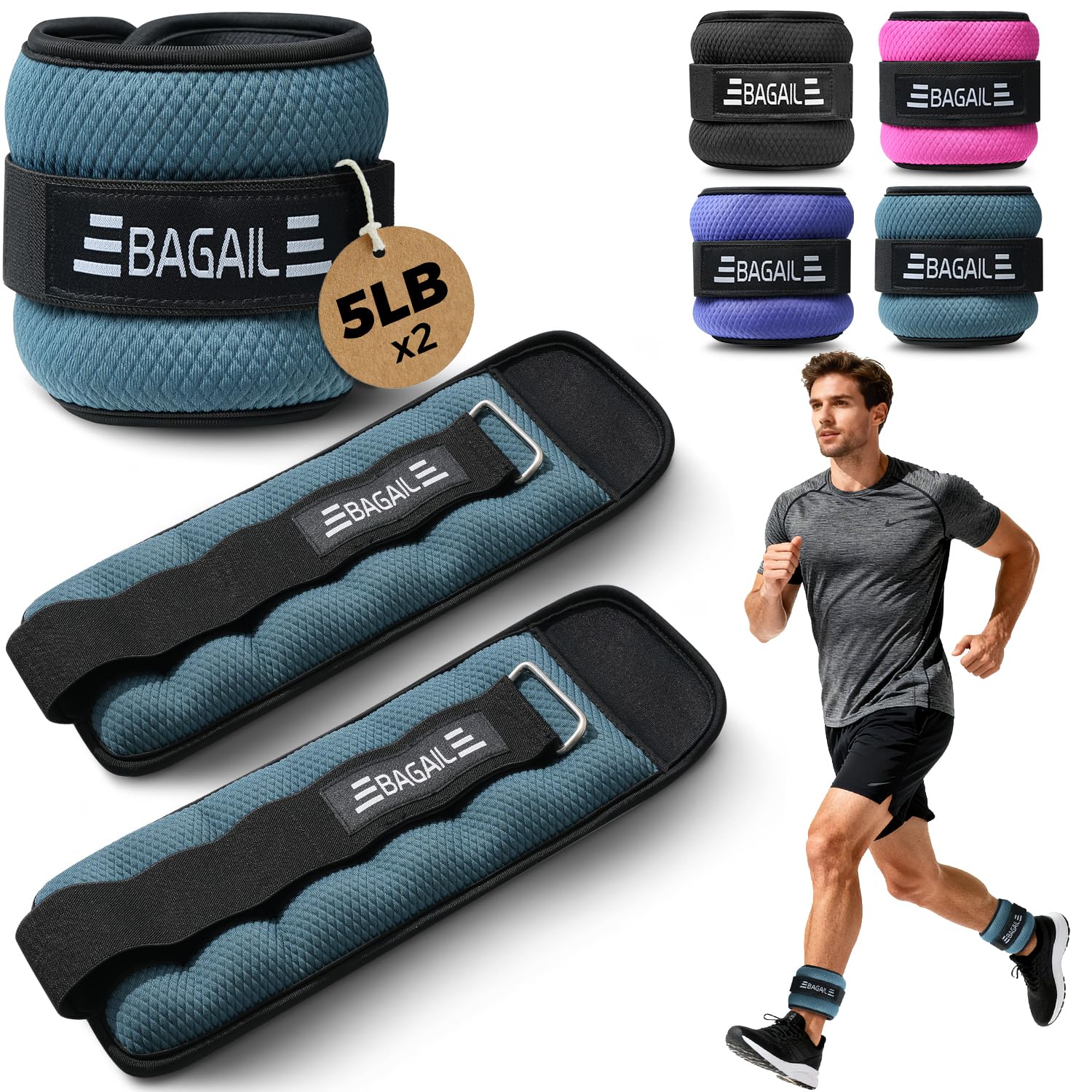 BAGAIL Ankle and Wrist Weights Set (2.27kg x 2) - Arm & Leg Weights for Men and Women - Adjustable Size, Secure Fit and Sleek Design for Walking, Running, Home Workouts & Physical Therapy - Blue