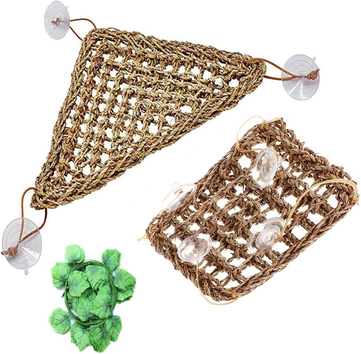 Tfwadmx 2 Pack Bearded Dragon Hammock, Reptile Climbing Decor, Lizard Lounger 100% Natural Seagrass Fabric Hammock for Reptiles, Geckos, Anoles, Iguanas, Hermit Crabs, Triangular