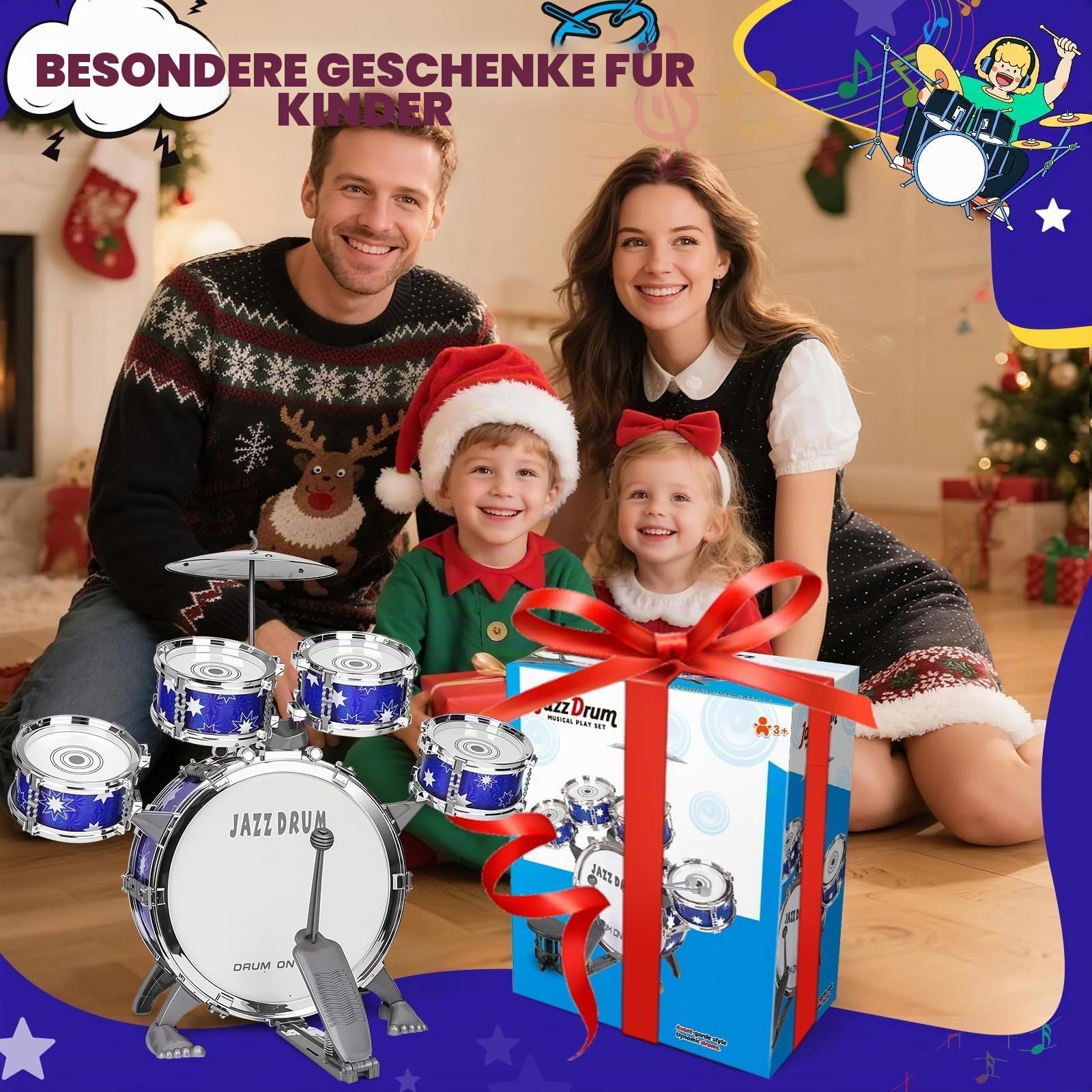 Upgrade Schlagzeug für Kinder 3-5 Kleinkind Spielzeug Alter 2-4 Jazz Drum Set mit Hocker Musikinstrument Spielzeug für 3 4 5 Jahre alte Mädchen Jungen Geschenke