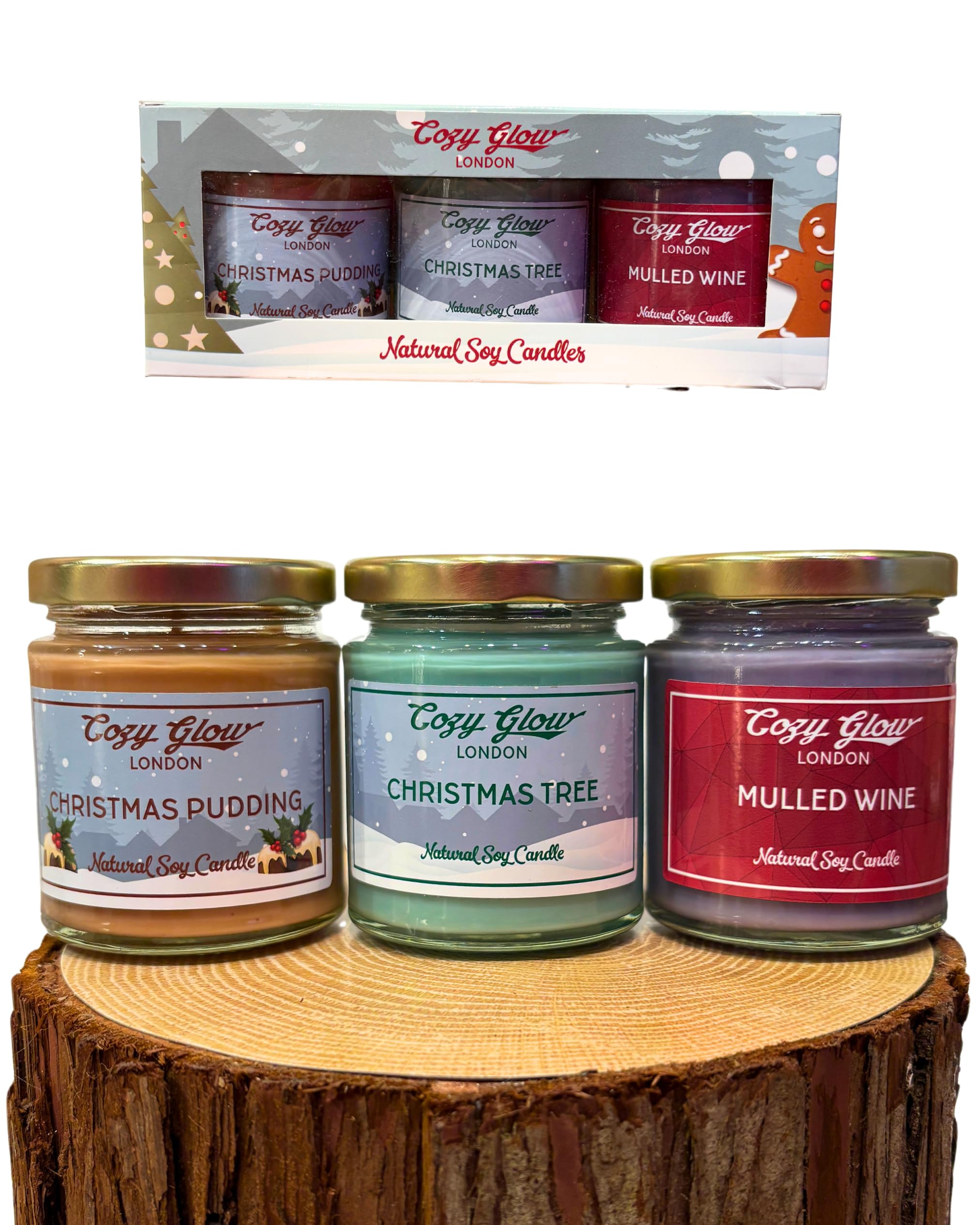 Cozy Glow Christmas Candle Trio Gift Set | Natural Soy Wax Candles | Perfect Gifts for Women (Traditional Christmas Trio Gift Set | Christmas Tree, Christmas Pudding, Mulled Wine)