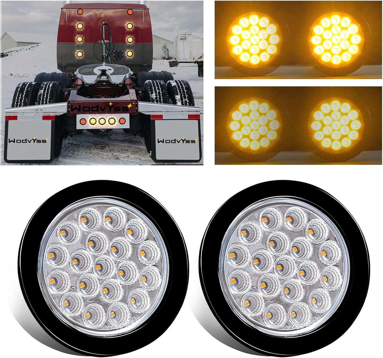 2 PCS 4'' Round Amber Strobe Lights Trailer Tail Lights Kit, 4 Inch 19 LED Stop Brake Backup Lamps for Truck Semi RV Jeep, w/Grommets, 3-Prong Wire Pigtails, Clear Lens