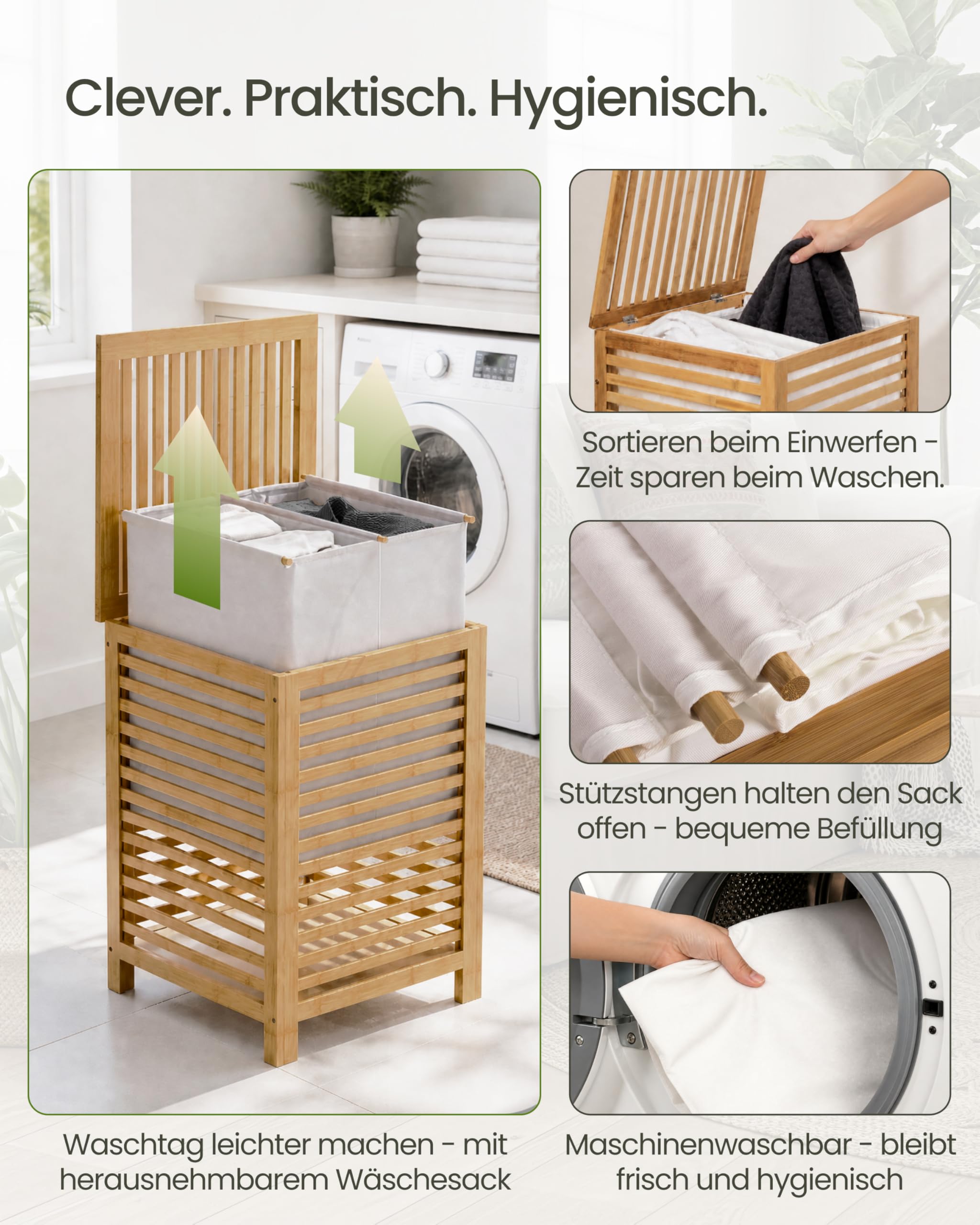 G21 Bambus Wäschekorb mit Deckel 80L 2 Fächer, Stabiler Wäschesammler mit Henkel, Großer Wäschekorb mit herausnehmbarem maschinenwaschbarem Wäschesack - laundry basket