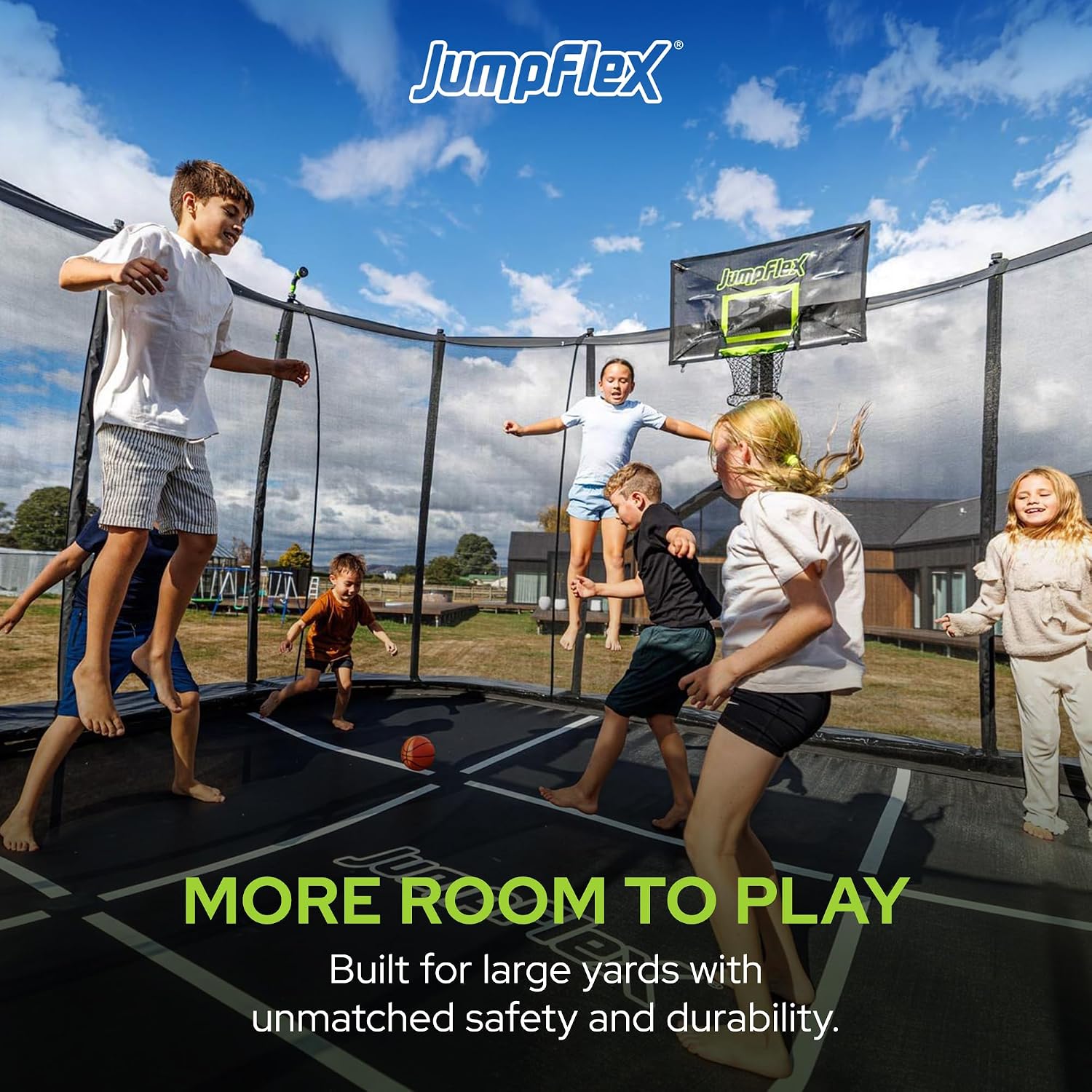 JumpFlex MEGA Round Outdoor Trampoline with Net Enclosure and Ladder, 19ft with SMARTSHADE Canopy Cover, for Kids and Adults, Green/Black