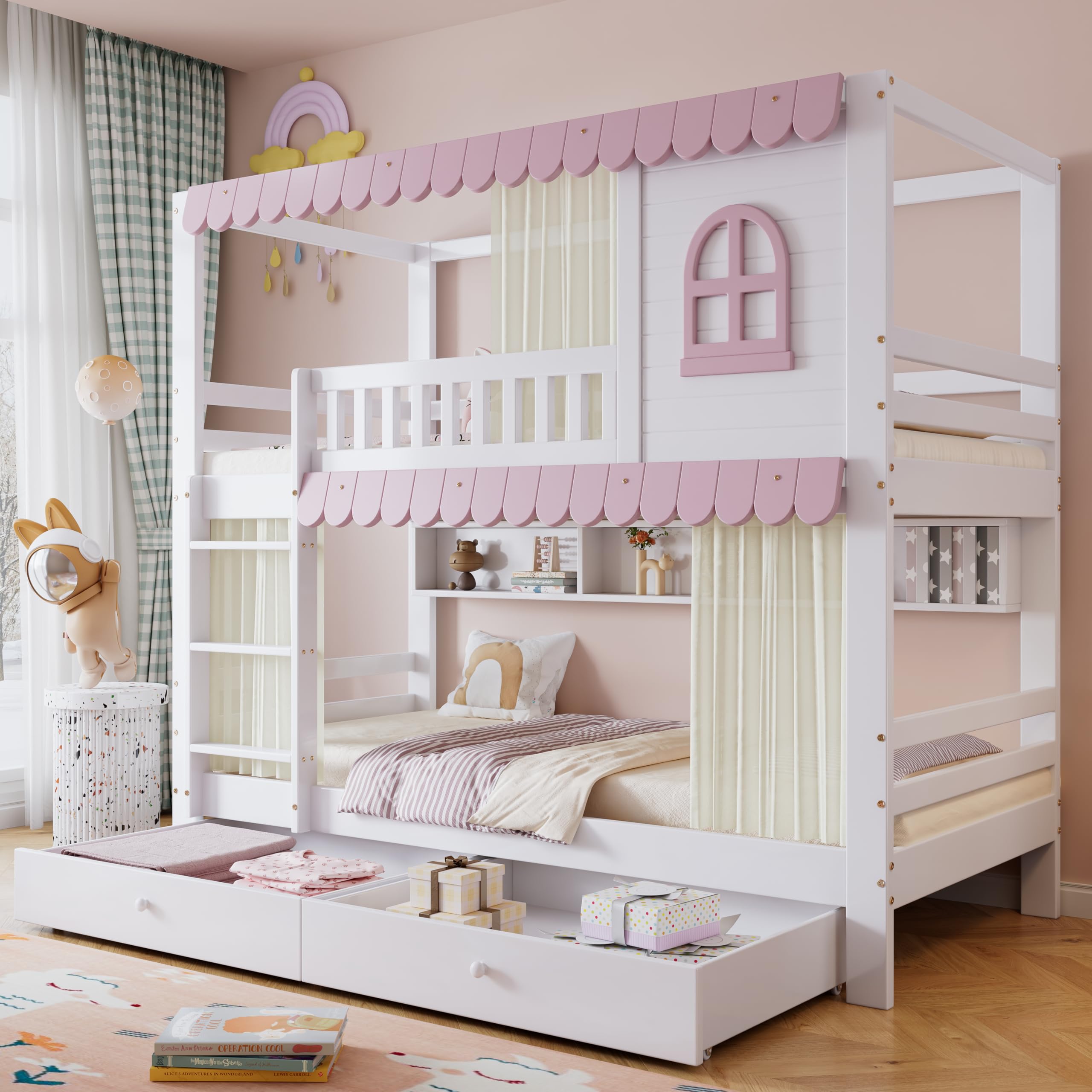 Letto a castello per bambini, 90 x 200 cm, con design a tenda, 2 cassetti grandi e scomparti multipli nel letto, lettino con rete anticaduta e rete a doghe, pino+MDF, bianco+rosa