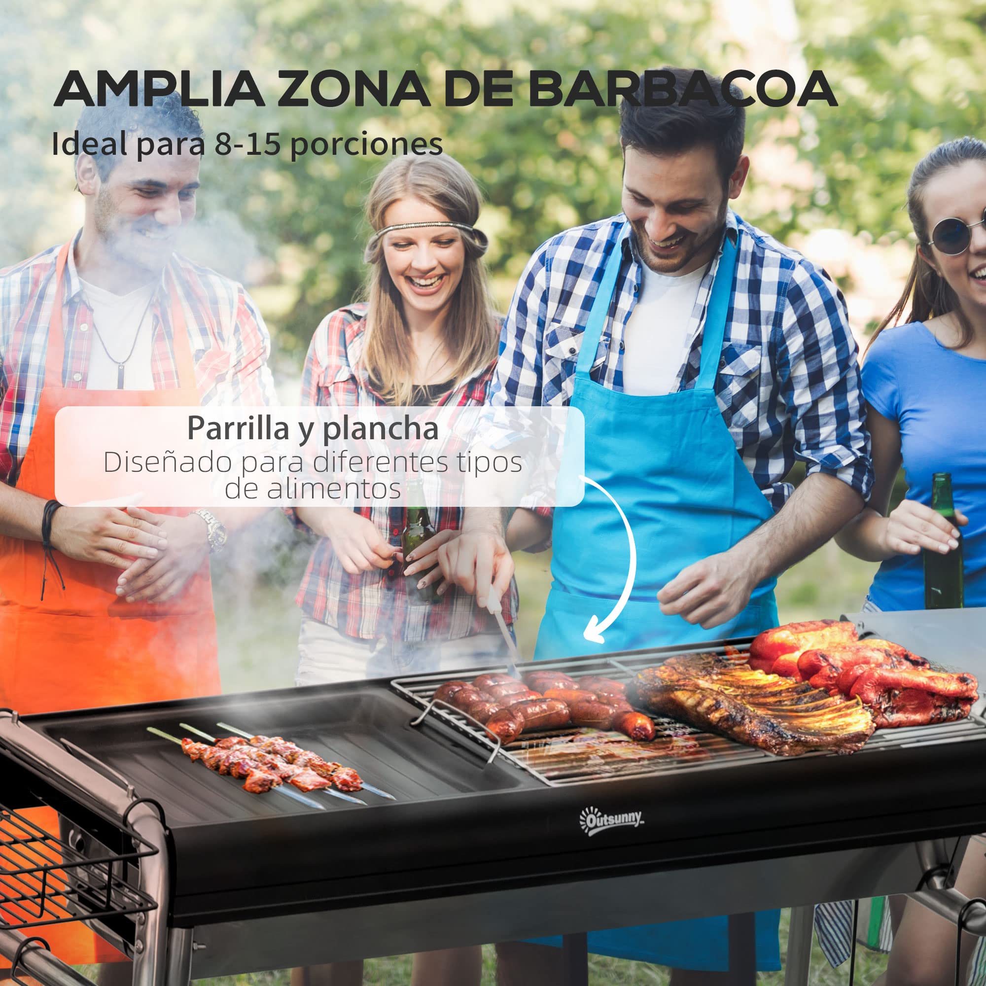Outsunny Barbacoa de Carbón Barbacoa Portátil con Parrilla de Acero Inoxidable Bandeja Especiero y Estante de Almacenamiento para Jardín Camping 107x63x75 cm Negro
