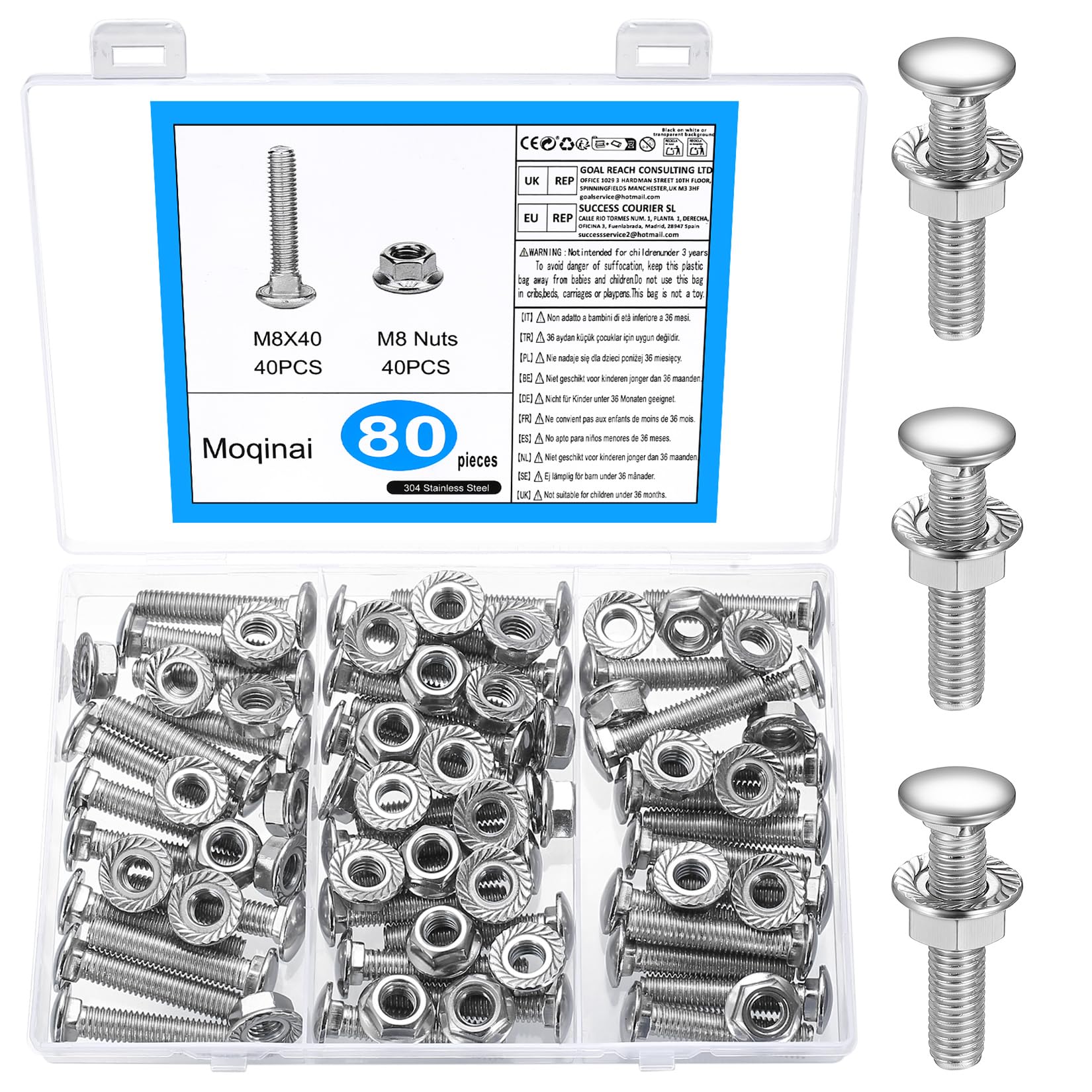 80 szt. Śruby Zamkowe M8 x 40 mm, Zestaw Śrub z Nakrętkami Kołnierzowymi, Śruby z Łbem Półokrągłym ze Stali Nierdzewnej, Śruby Do Bram z Nakrętkami