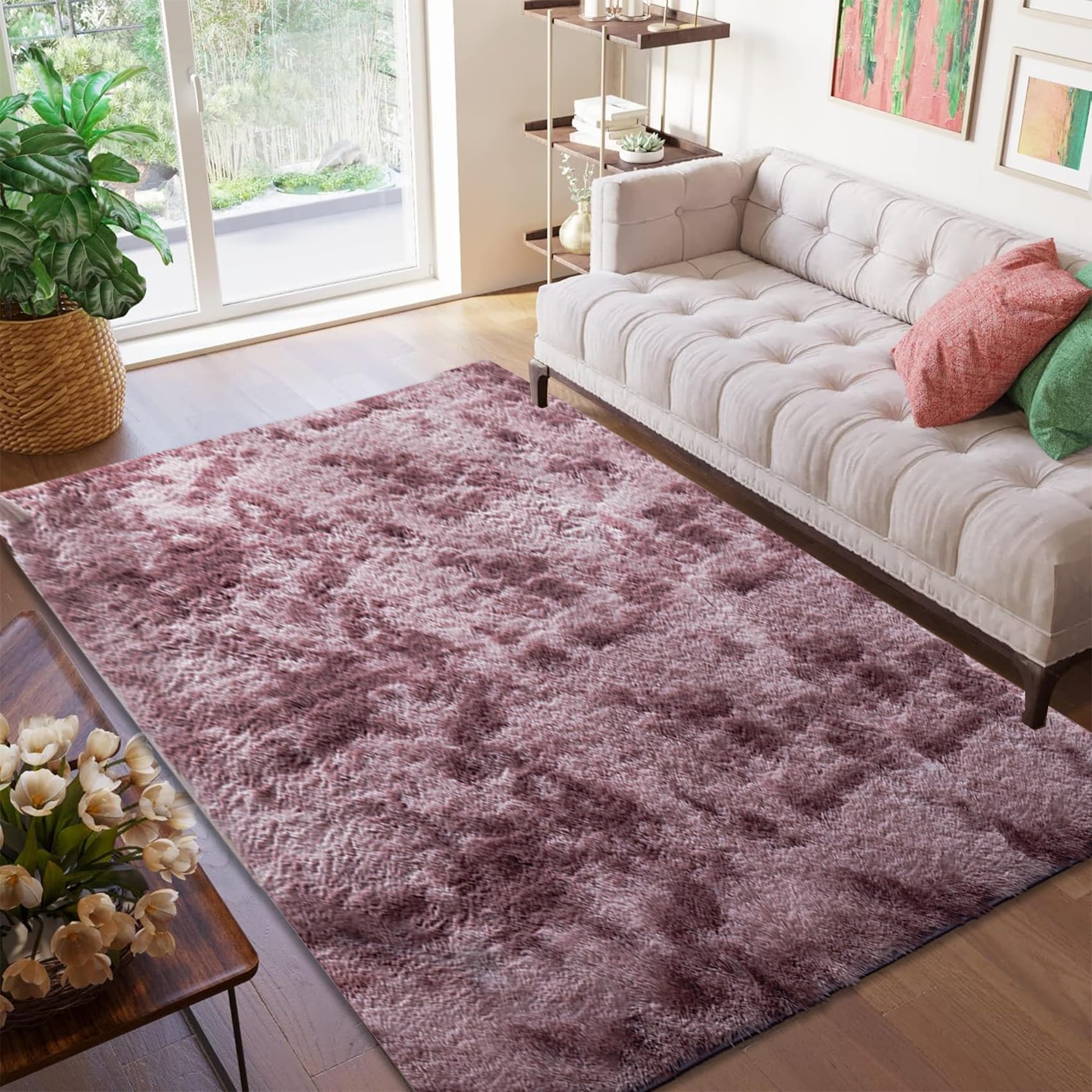 Tapis salon design rose pourpre 230x250 cm en polyester lavable