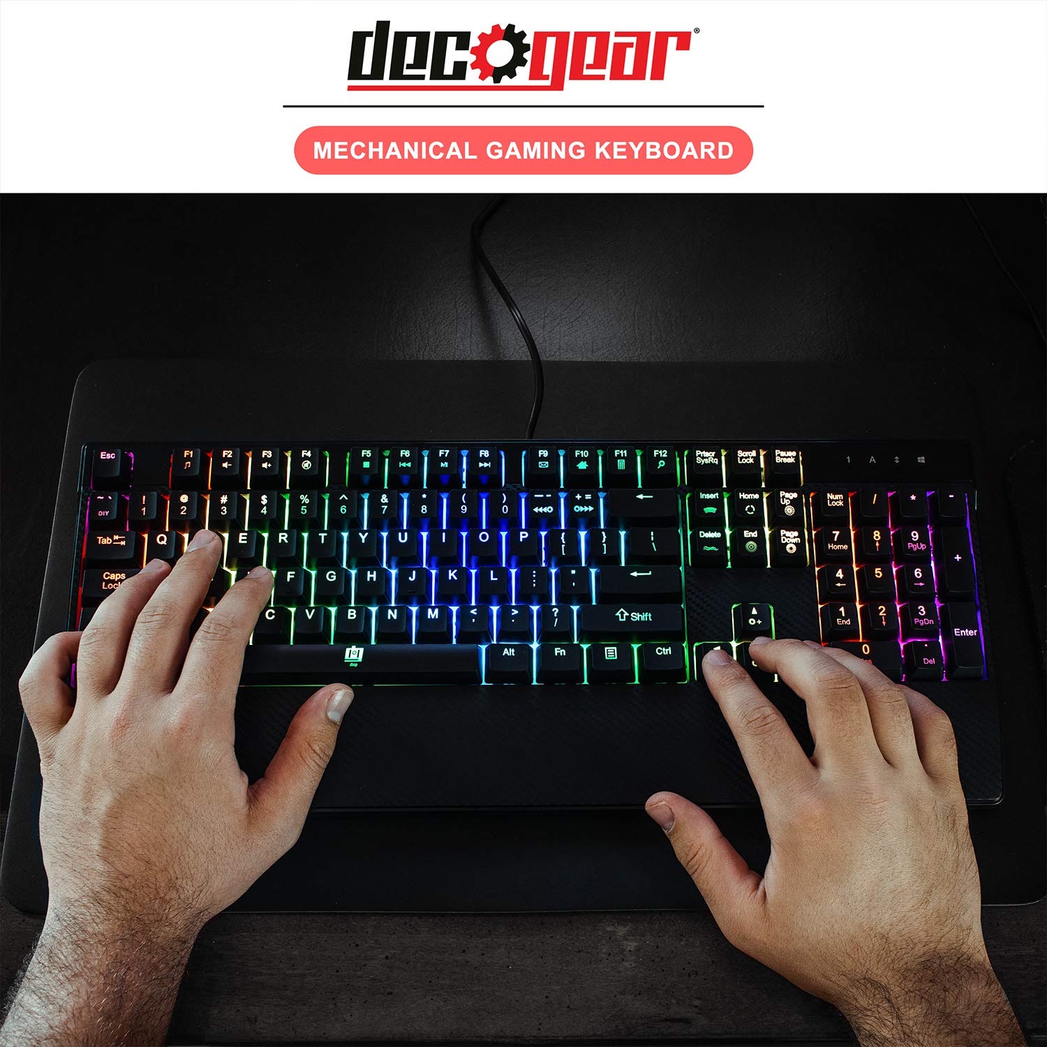 Deco Gear Mechaniczna klawiatura do gier | anty-ghosting | ergonomiczna stała podpórka pod nadgarstki | pełne konfigurowalne podświetlenie RGB | konstrukcja z włókna węglowego | niebieski przełącznik Outemu | przewodowa | czarna