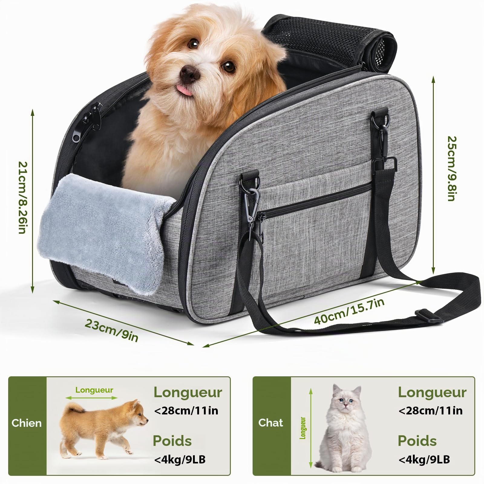 Siège Auto pour Petits Chiens Chats – Console Centrale Siège Auto Chien, Siège Portable avec Double Ceinture de Sécurité et Dessous Antidérapant, Coussin Lavable, Sac de Rangement, Gris