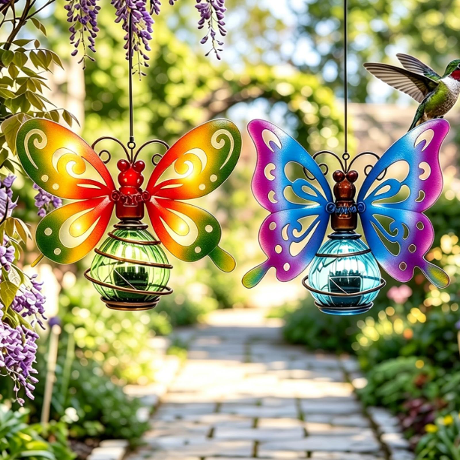 2Pcs Hanging Solar Butterfly Lights, Outdoor Garden Decor with Metal Art, Solar Powered Yard Decoration for Patio Porch Backyard Fence, Waterproof Hanging Lantern Gifts for Women Mom