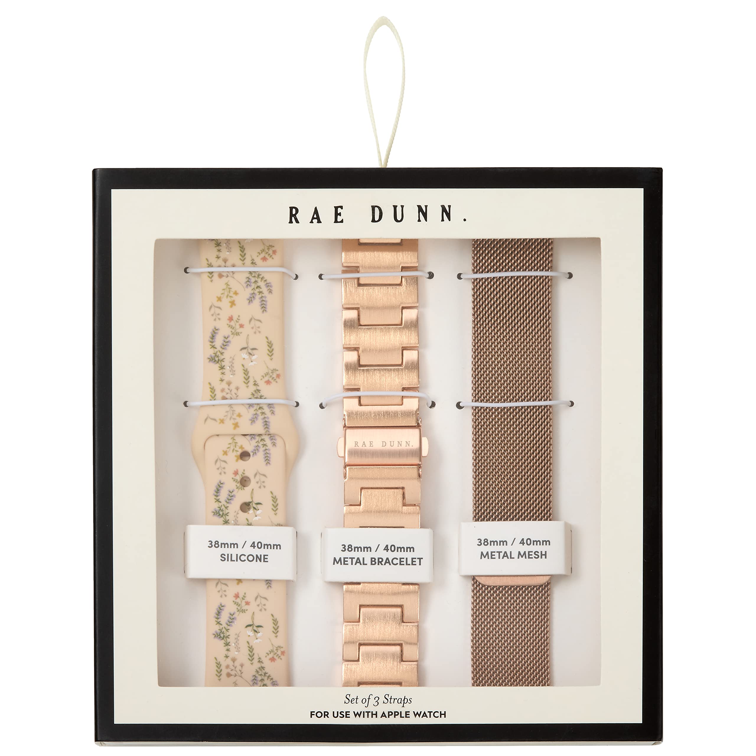 Rae Dunn Apple Watch Set of 3 Straps Fits 38mm 40mm Mesh, Silicone, Link Bracelet (38mm/40mm, Rose Gold, Pink, Rose Gold)