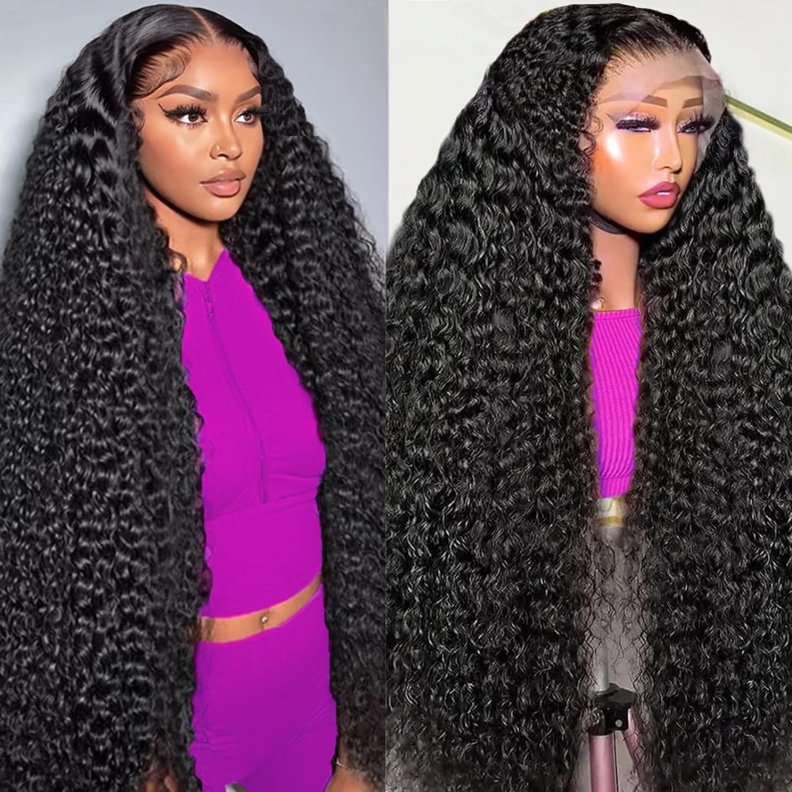 30 Inch 200% Density Lace Front Wig Human Hair 13x6 Deep Wave HD Lace Curly Nerkre 30 Inch Deep Wave Lace Front Wigs Human Hair 13x6 HD  main image 2