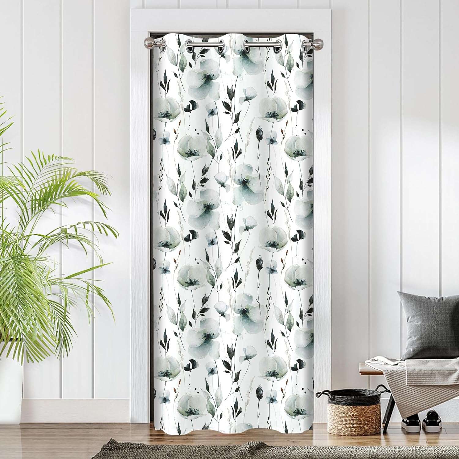 Grey Green Floral Door Curtains for Doorways, Abstract Watercolor Botanical Blackout Grommet Curtain for Closet or Room Divider, Modern Privacy Door Drapes, 34" W x 80" L