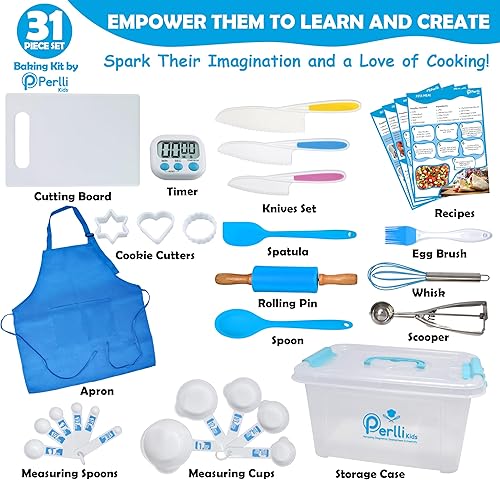 Miniatura 2 de PERLLI Juego de cocina real para niños para cocinar y hornear, 31 piezas. Regalo para chef junior con utensilios reales, estuche y juego
