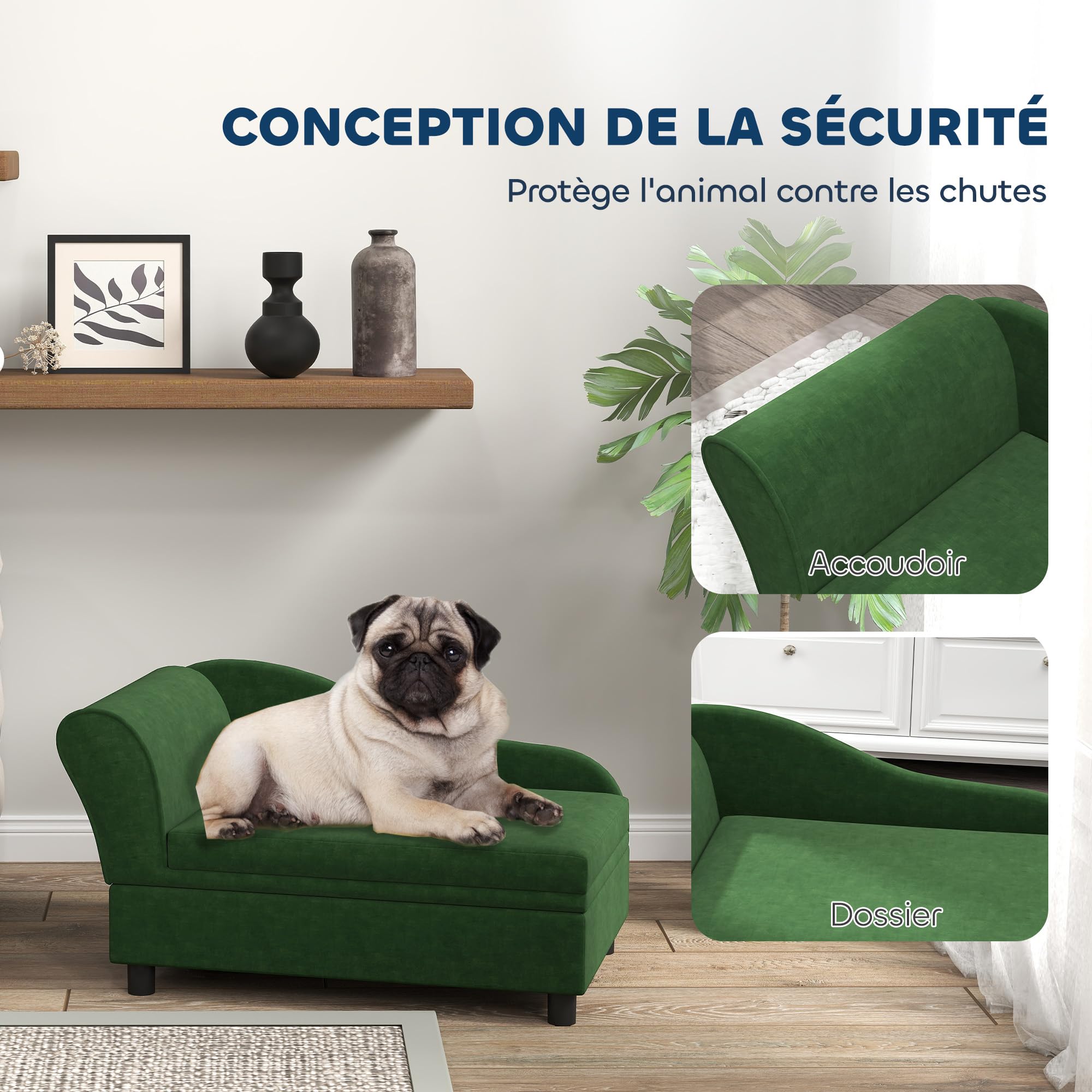 PawHut Canapé Chien Chat sur Pied avec Coffre de Rangement Style Moderne Coussin d'assise Amovible Grand Confort 76 x 45 x 43 cm Vert