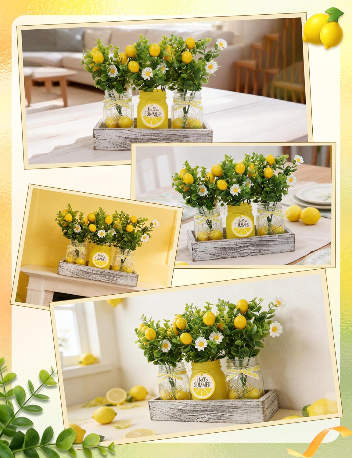 Lemon Kitchen Decor, Centerpieces for Tables, Mason Jar Lemon Party Decorations for Home, Fake Artificial Lemons Flower, Wood Tray, 22 Pcs Farmhouse Summer Table Decorations Outdoor for Kitchen