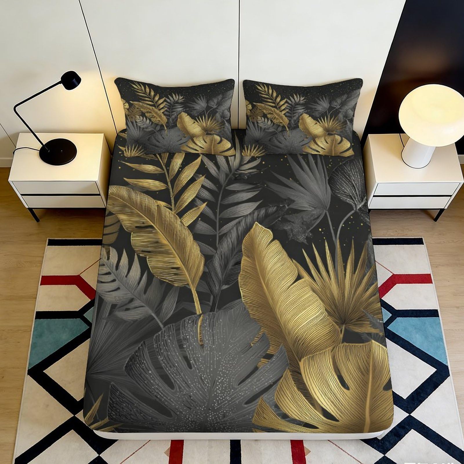Pnayamiorkfel Style-1 3D Printed Golden Tropical Leaves Fitted Sheet Microfiber Soft Black Botanical Bed Cover For Bedroom Guestroom Decor 90X200x25cm