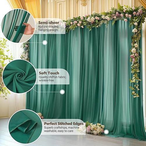Miniatura 5 de Cortinas de telón de fondo verde esmeralda de 10 x 10 pies, cortinas de tela de gasa transparente sin arrugas para decoración de escenarios de boda,