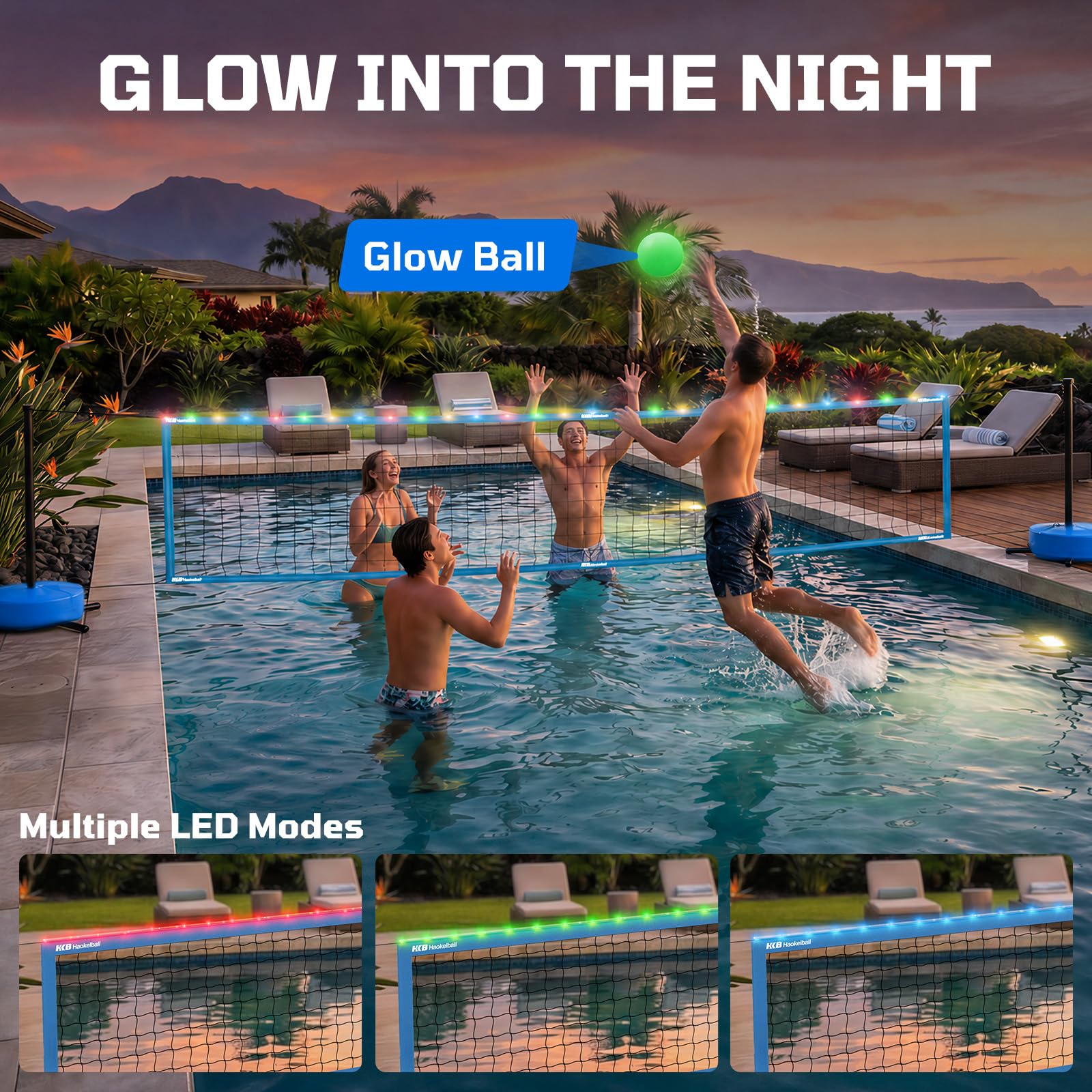 Haokelball Rete da pallavolo da piscina con luce, set da pallavolo da 4,5 a 9,5 m, lunghezza regolabile, rete da pallavolo per piscina con base ponderata, 2 palline da pallavolo Glow e pompa per