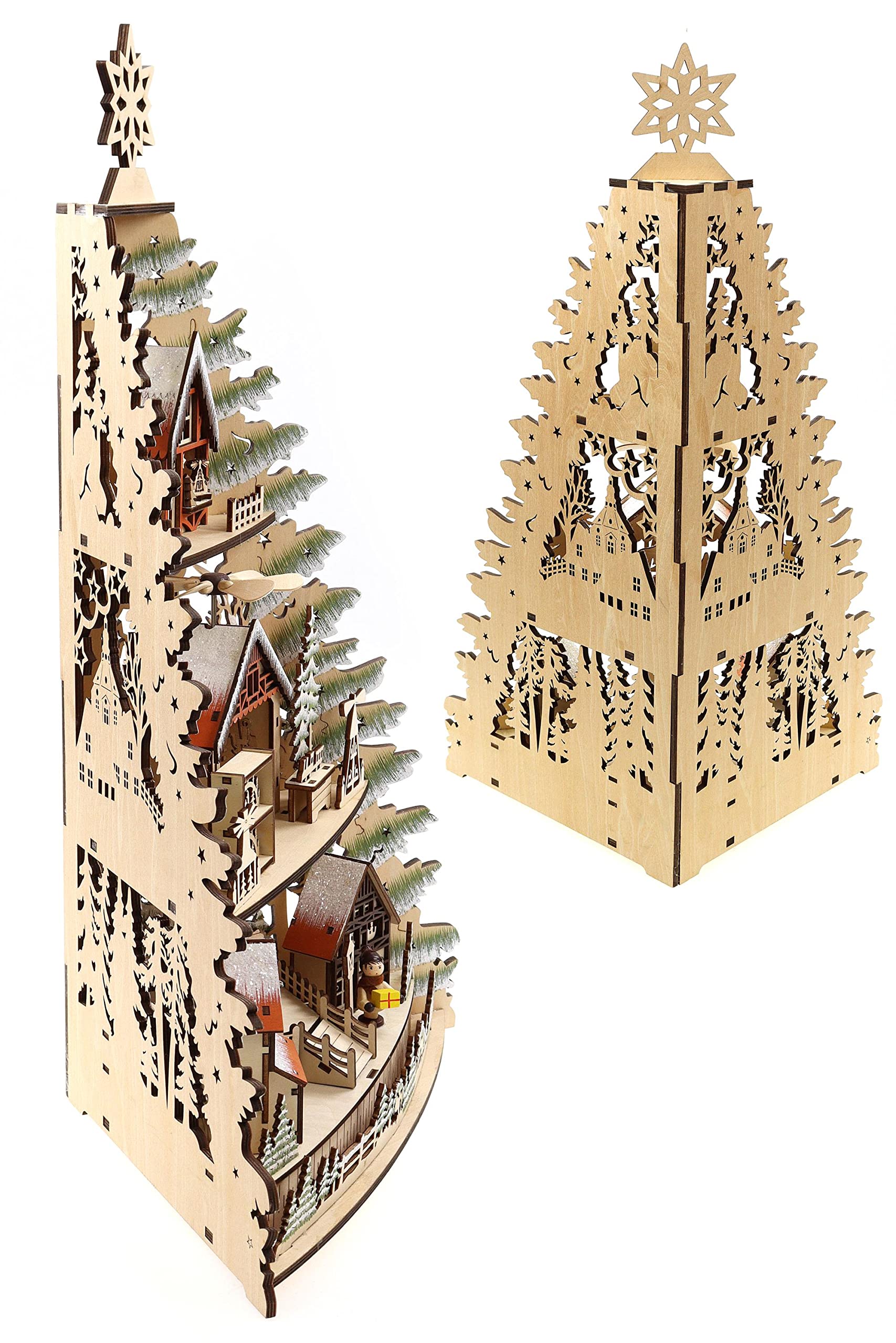 ELLUG 3D Eck-Lichterspitze Holzschnitt als Tannenbaum aus Holz mit Drehelementen zum Stellen mit Licht 33 * 18 * 53cm batteriebetrieben mit On-Off Schalter, Timer Funktion (6h On/18h Off)