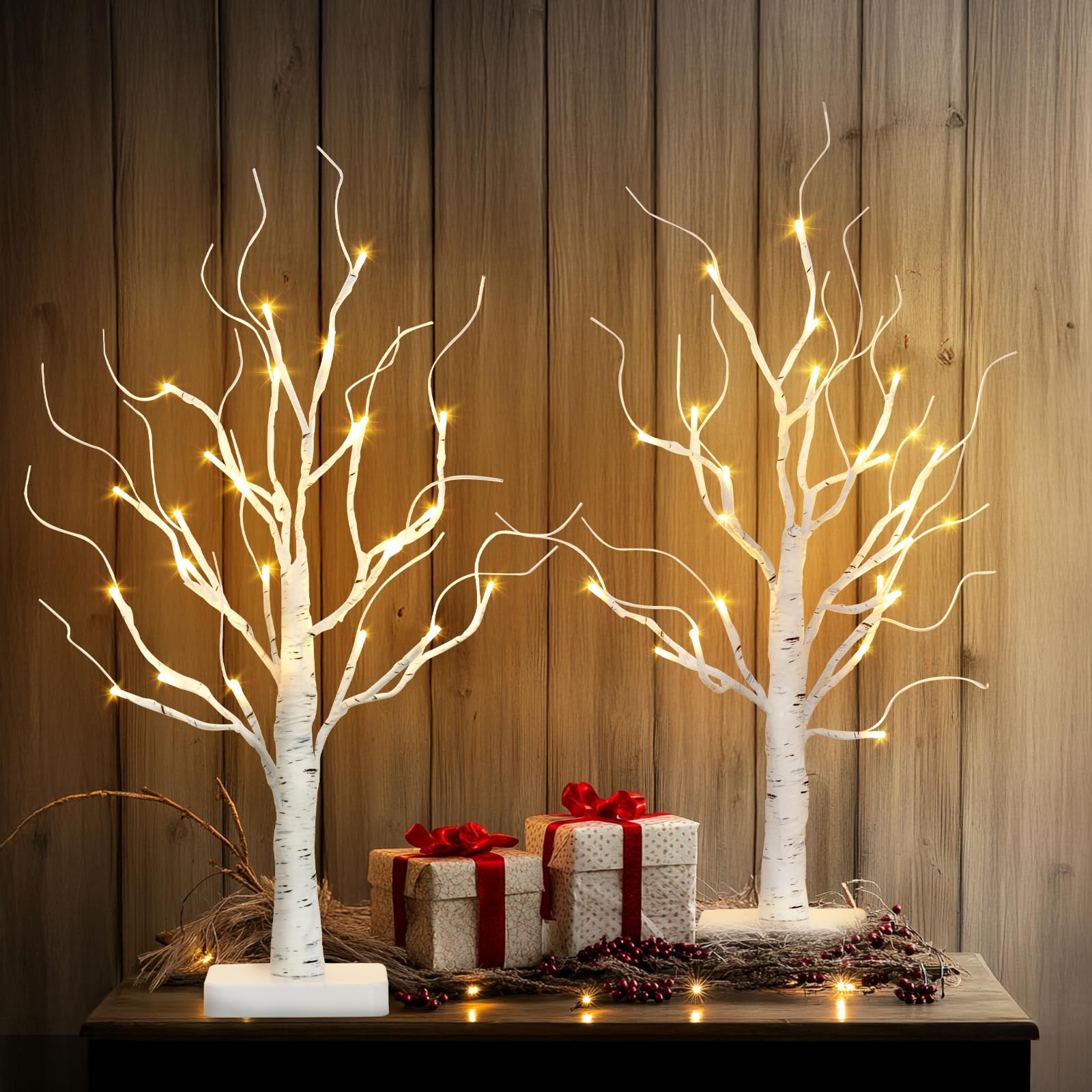 Vanthylit Birch Tree with Led Lights, White Christmas Decorations Indoor with Timer, Lighted Mini Small Artificial Lamp Prelit Twig Tree Battery Operated for Table Centerpiece Home Decor 2Pack