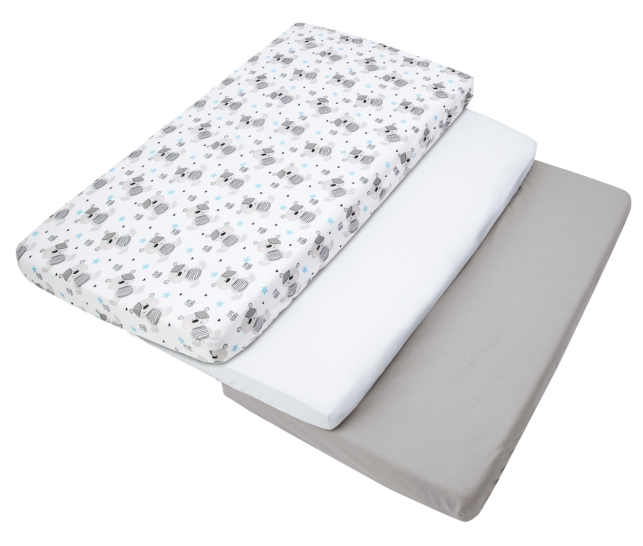 Medi Partners Lenzuola Lettino Set 3 Neonato 60x120-100% Cotone Lenzuolo con Angoli Culla Coprimaterasso fitted Materassino Sheet Letto Bambino Lenzuolino (Teddy-Bianco-Grigio)