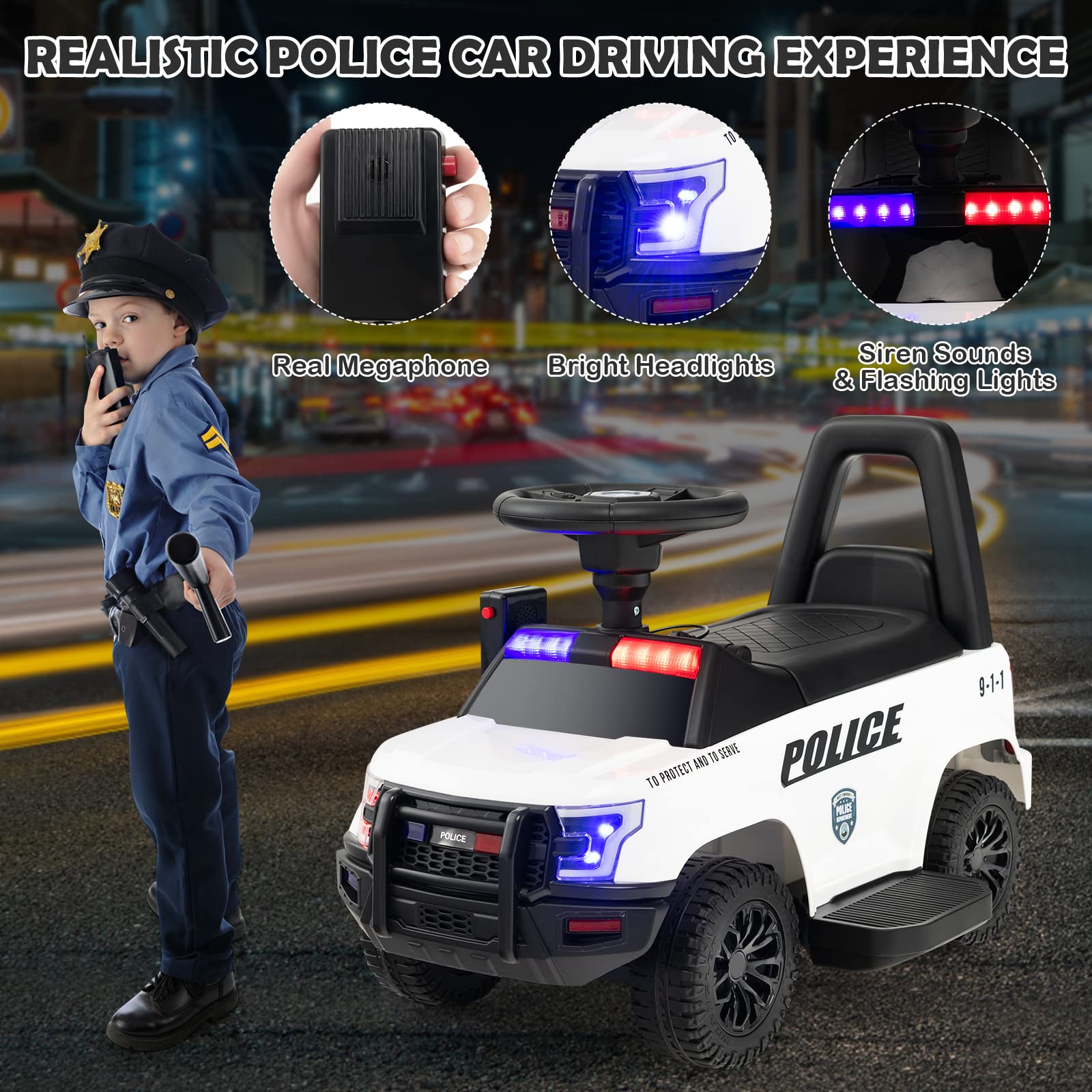 GLACER Kids Ride On Police Car, 6V Battery Powered Electric Toy Car w/Real Megaphone, Music, Siren Flashing Lights & Headlights, 4-Wheel Ride-on Vehicle for Girls& Boys 18-60 Months (White)
