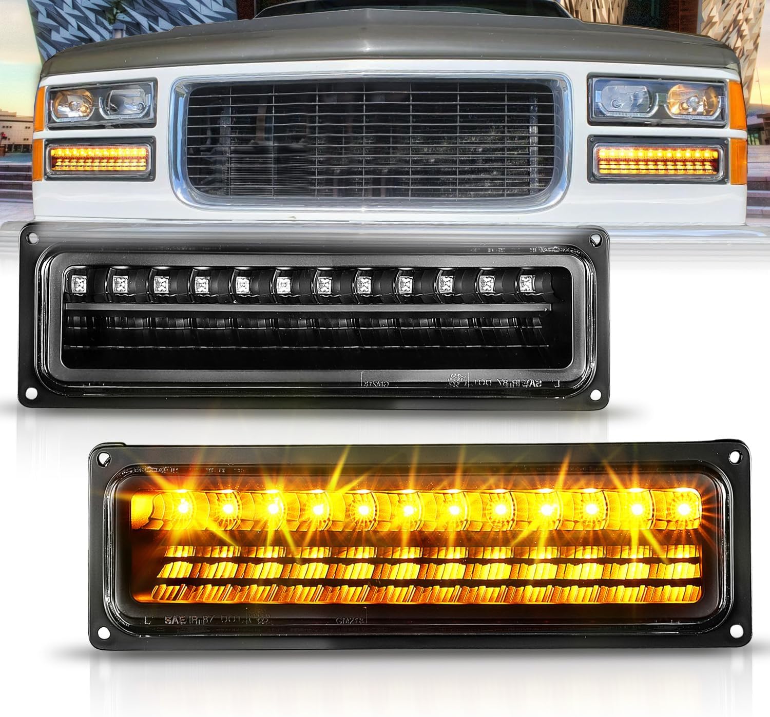 AmeriLite Black LED Parking Turn Signal Lights Bumper Lamp Set For Full Size/Blazer/Suburban : Sierra/Yukon - Passenger and Driver Side